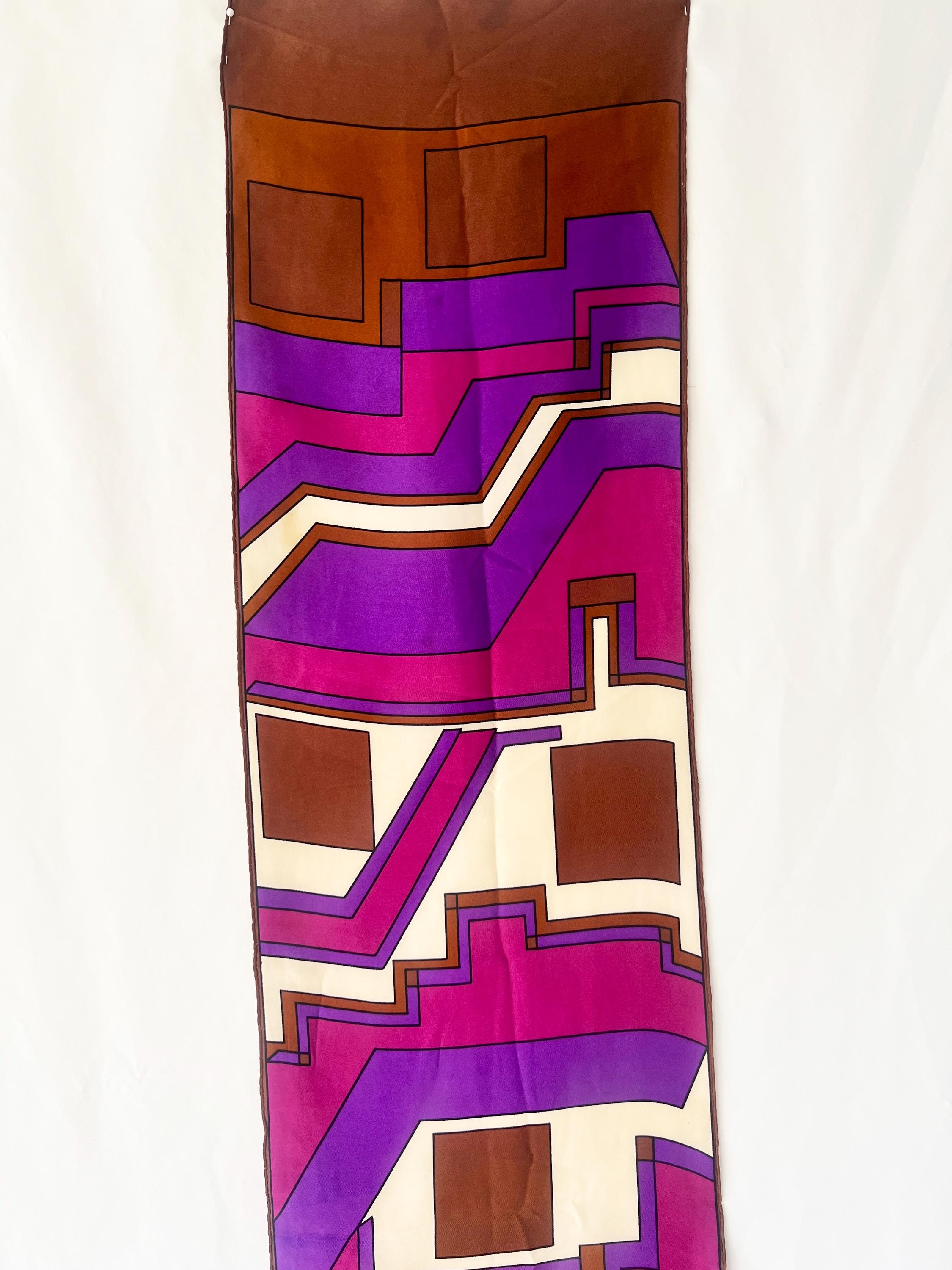 Vintage 1960s Geometric Silk Scarf: Purple, Brown & White