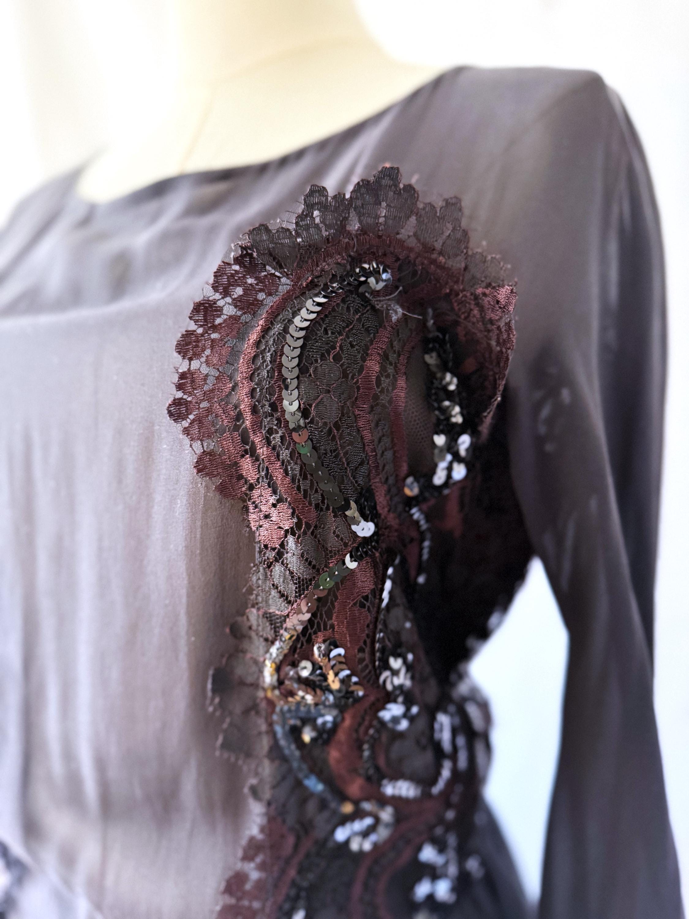 1990s Christian Lacroix Black Dress: Sheer Lace Sequin Top, Bubble Skirt (Small)