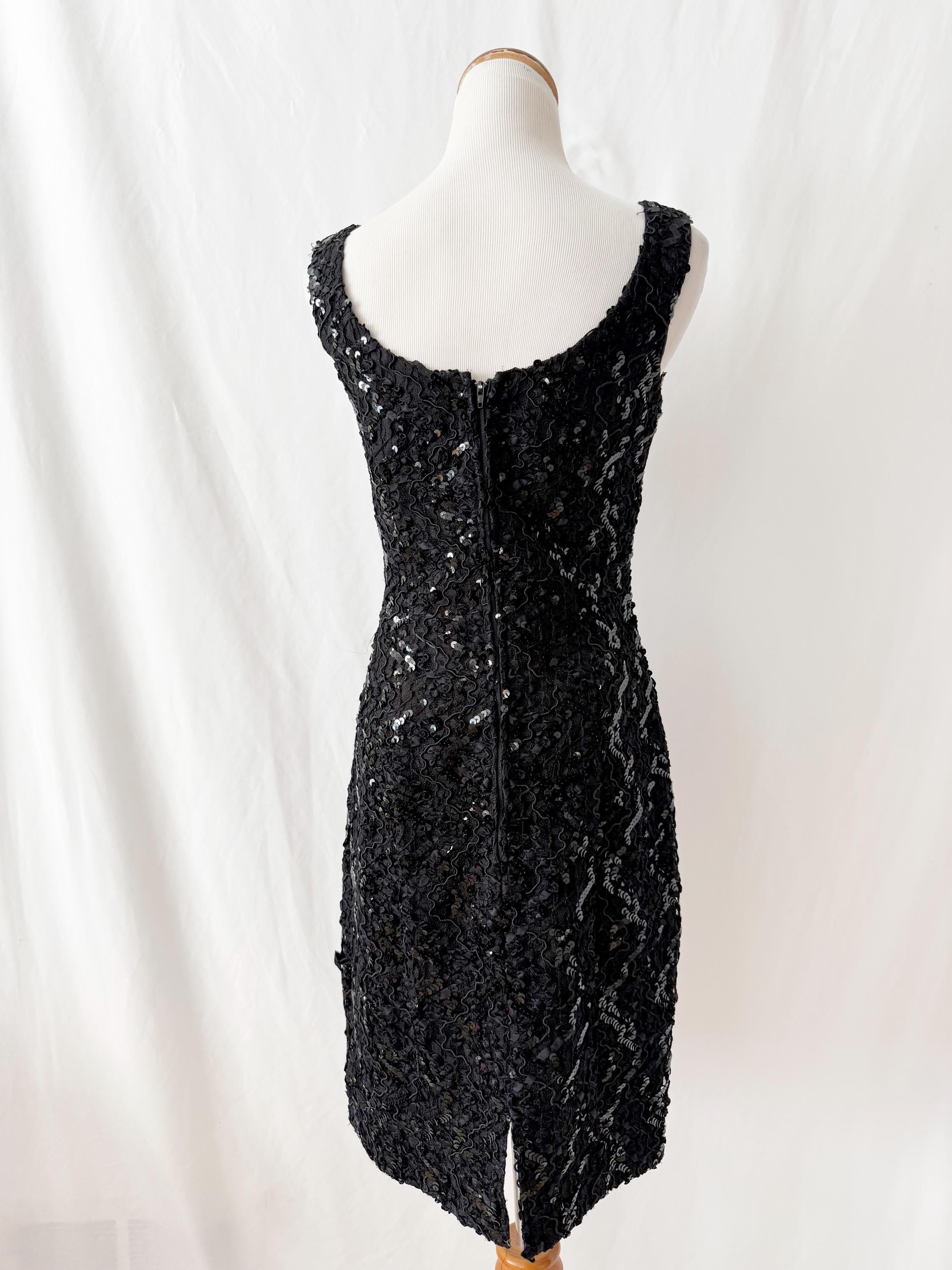 80s Vintage Sequin Cocktail Dress: Black Lace Sweetheart Goth Dress, Sz 8