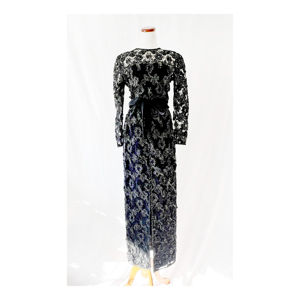 1980s Couture Gown: Vintage Black Lace Ribbon Party Dress