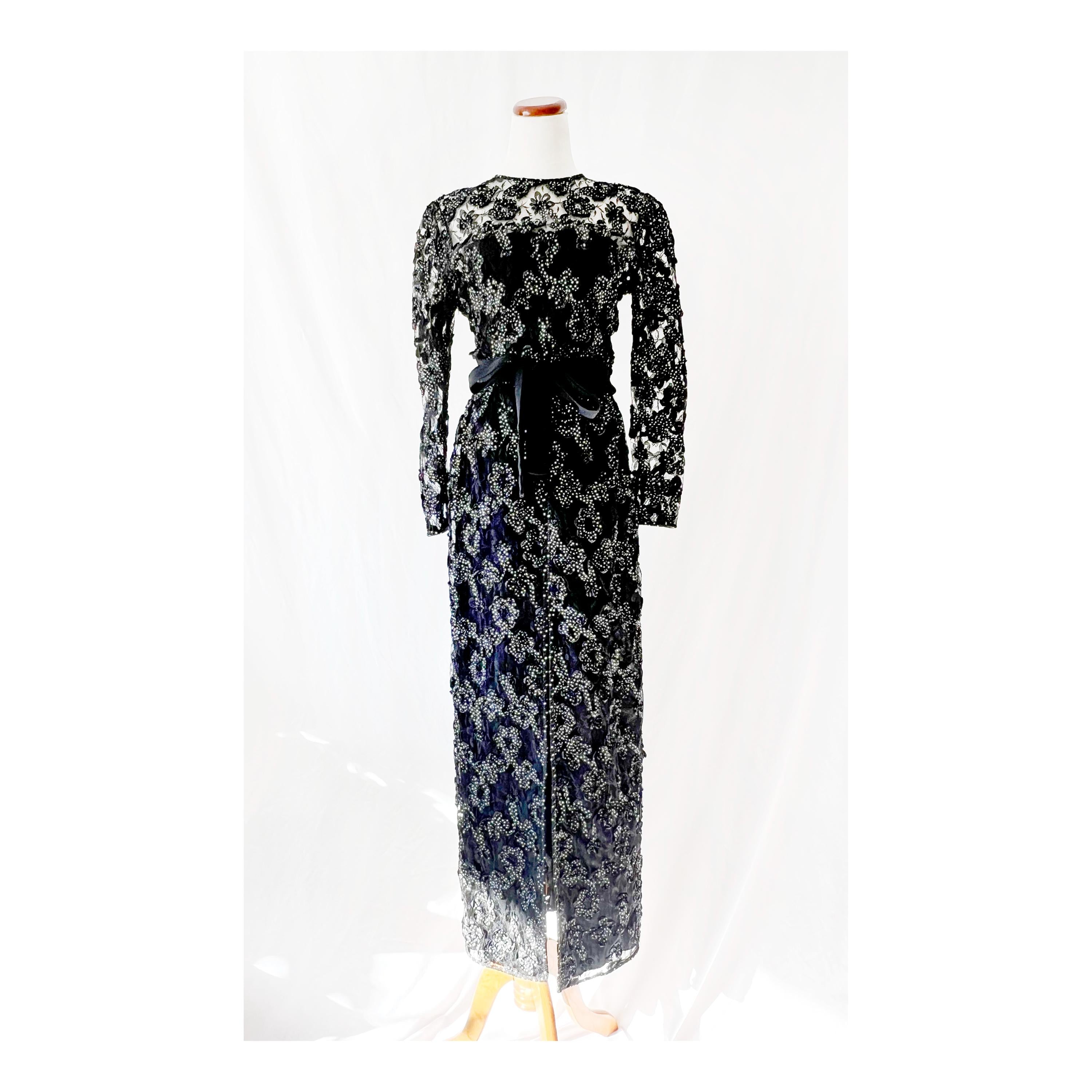 1980s Couture Gown: Vintage Black Lace Ribbon Party Dress