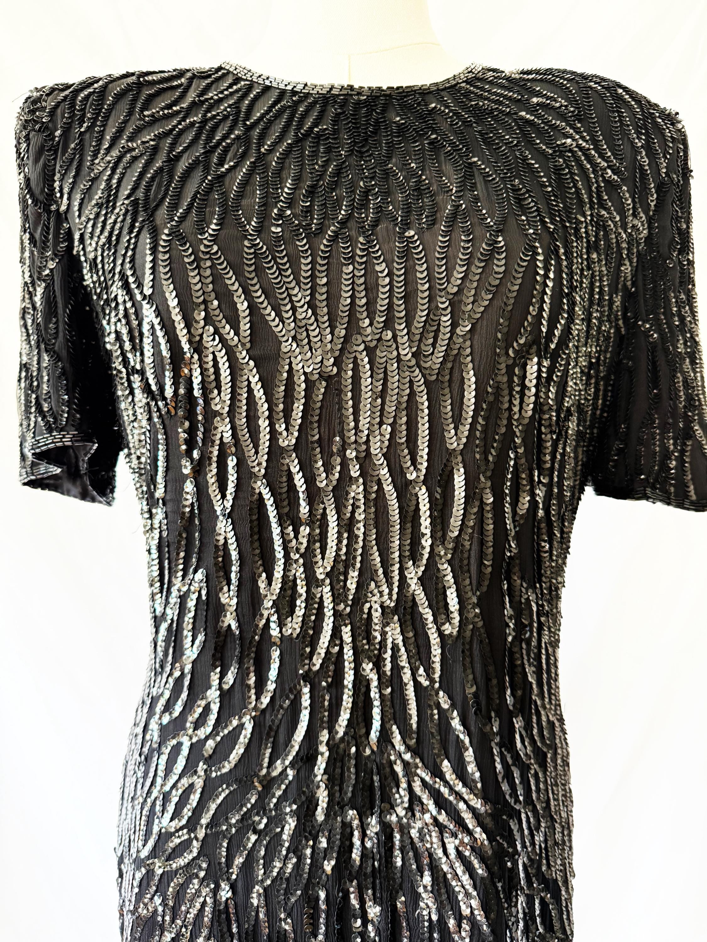 80s Beaded Silk Cocktail Dress: Laurence Kazar Black Sequin Flapper, Size Medium