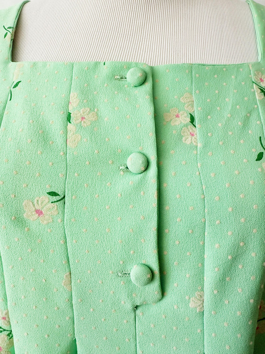 Vntg 70s Sea Foam Green Daisy Print Dress Medium