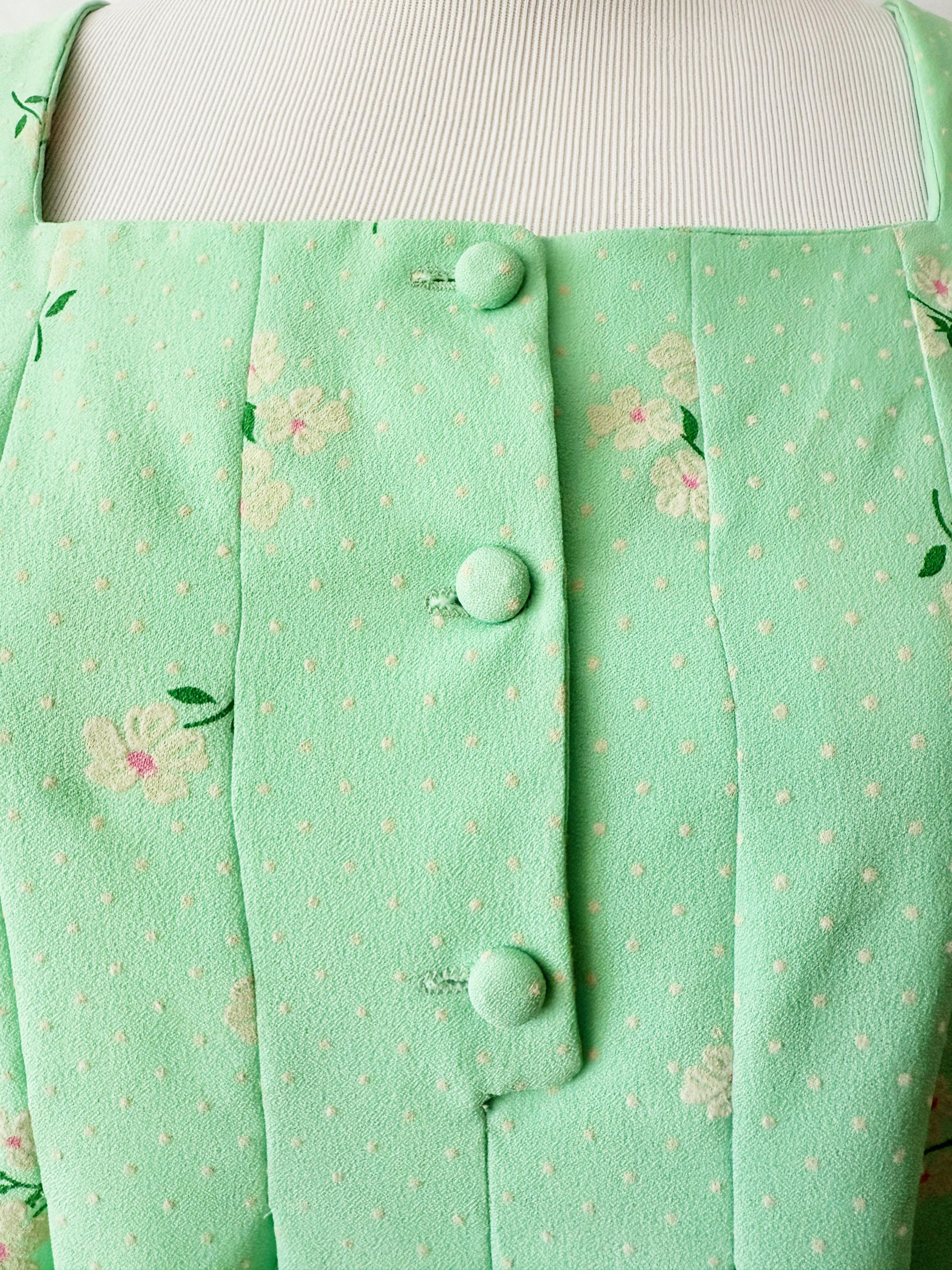 Vntg 70s Sea Foam Green Daisy Print Dress Medium