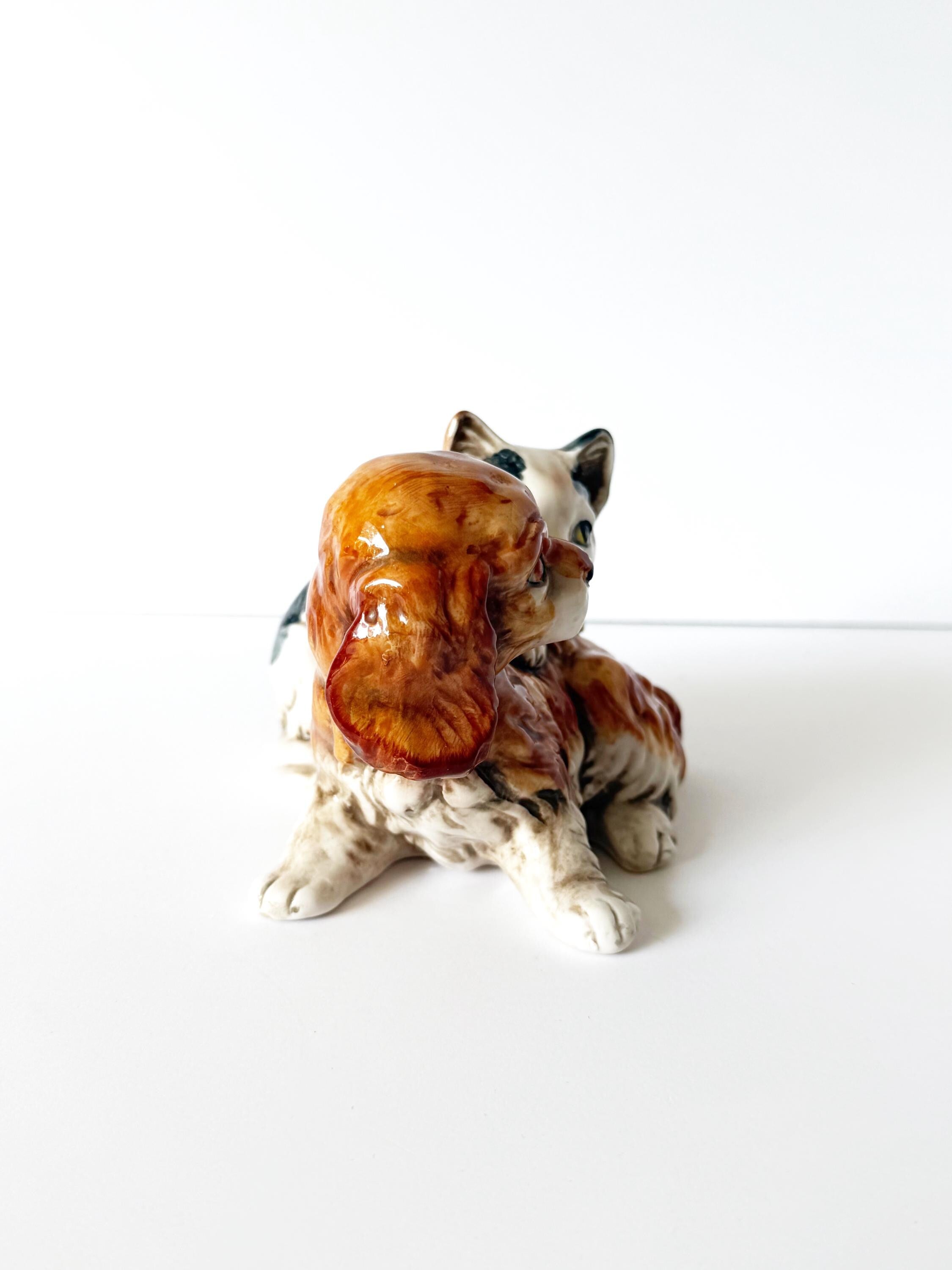 Vintage Enesco Porcelain Spaniel Puppy Dog with Playful Kitten Cat Collectible Figurine