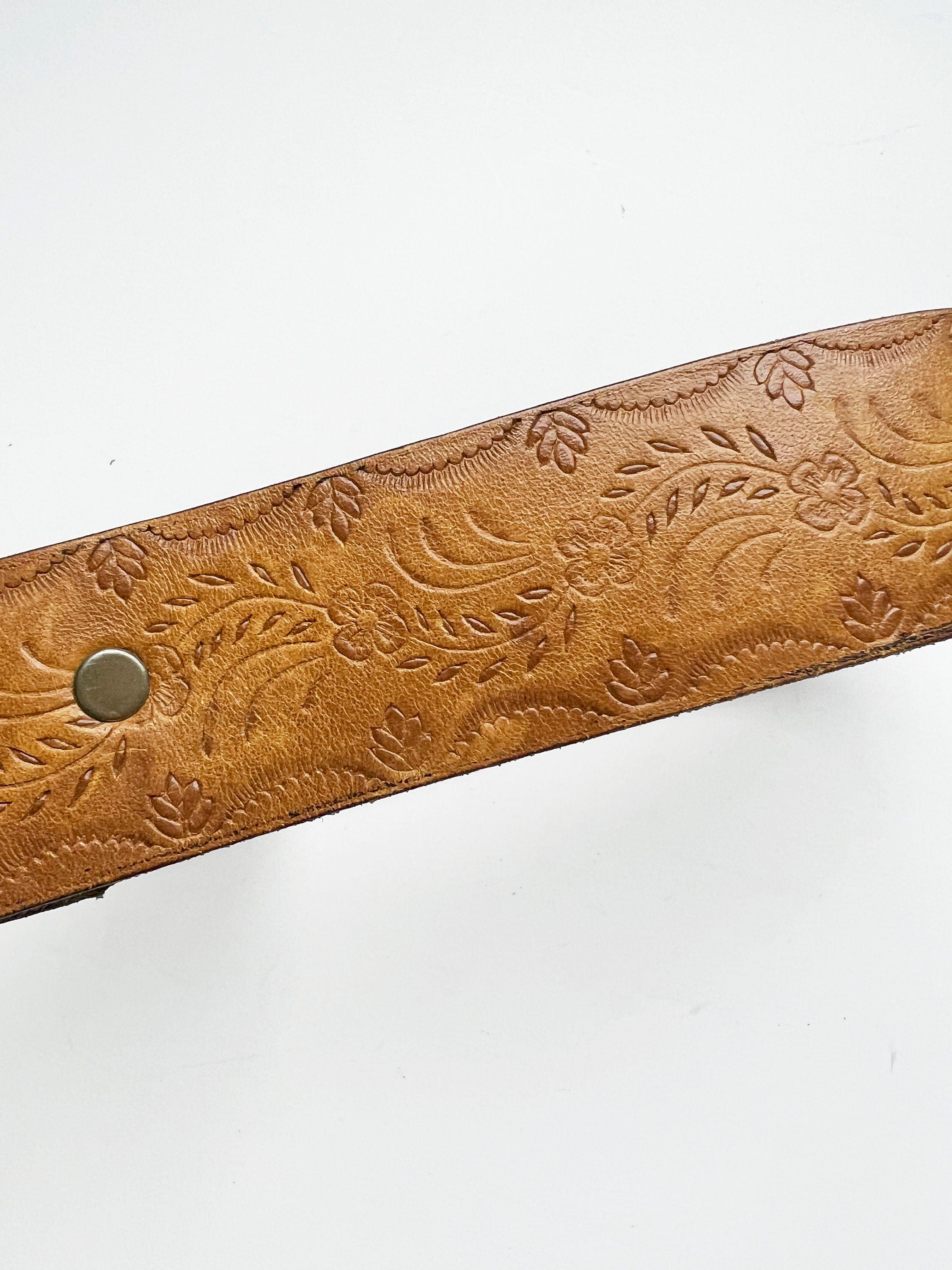 Vintage German Silver Western Belt: Leather Floral Embossed Belt, Size 8-10