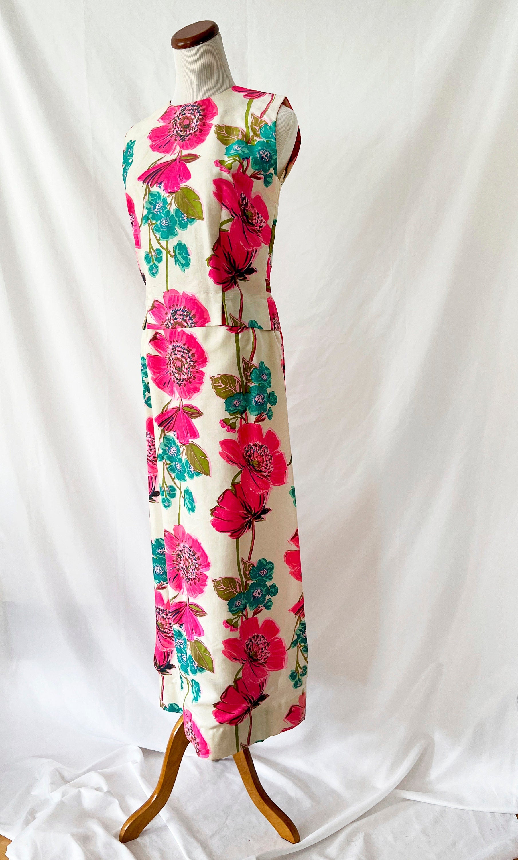 Vintage 1960s Raw Silk Floral Skirt Set - Dorothy Cox