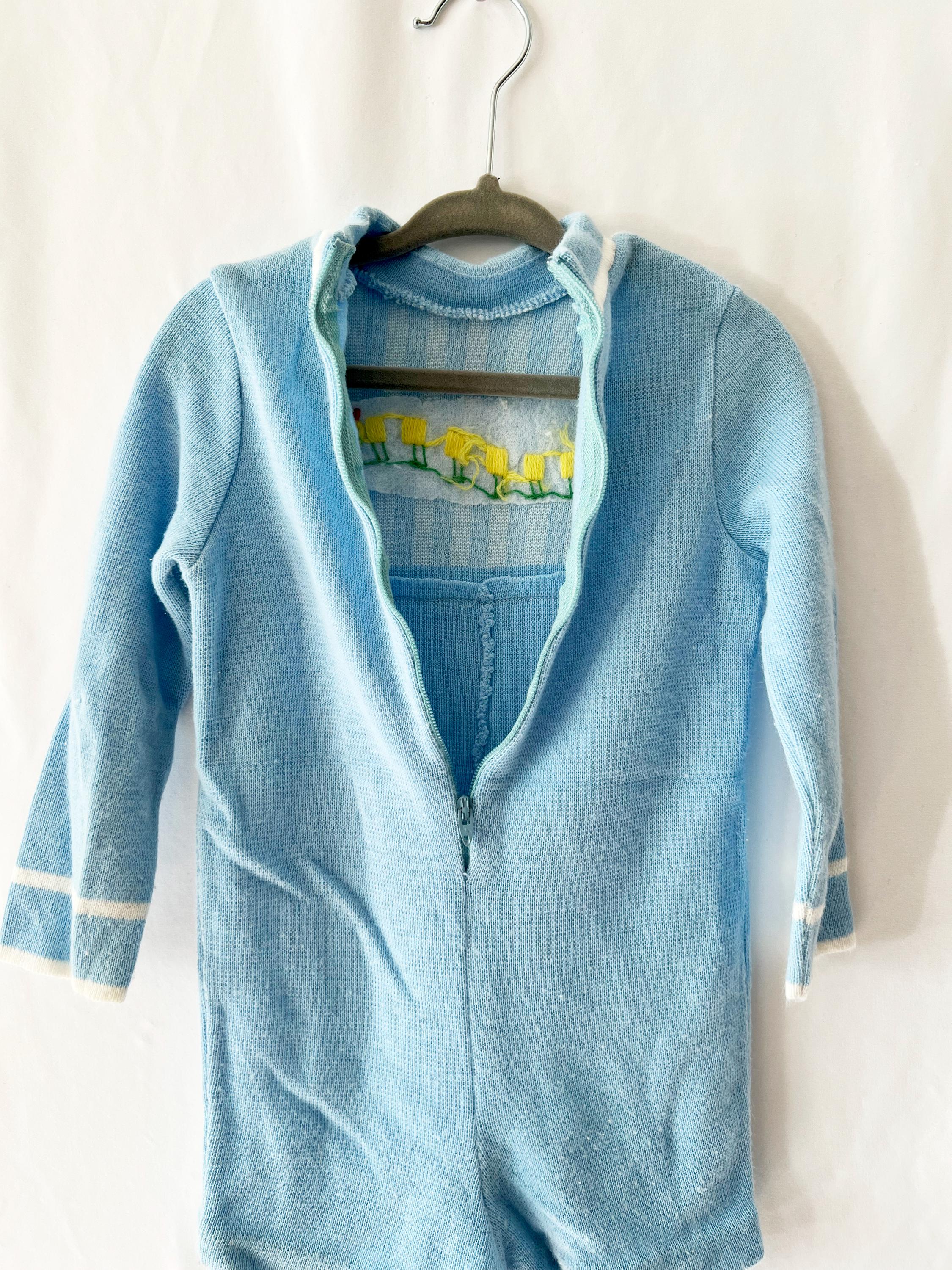 Vintage 1960s Knit Baby Romper: Blue Caterpillar Jumpsuit (12-14 Months)