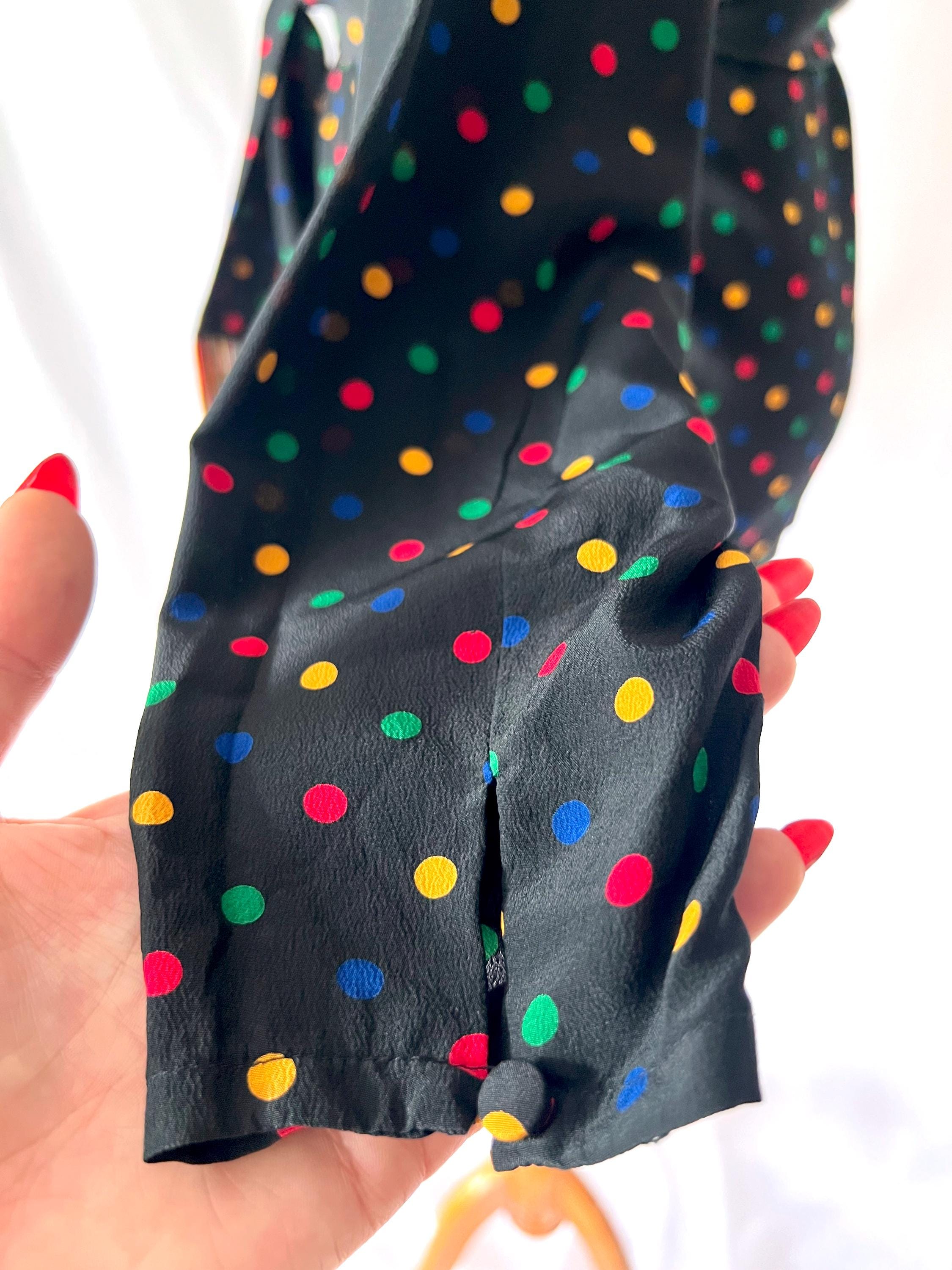 Vintage Jaeger Silk Blouse: 1980s Polka Dot with Fringe Sash, Small