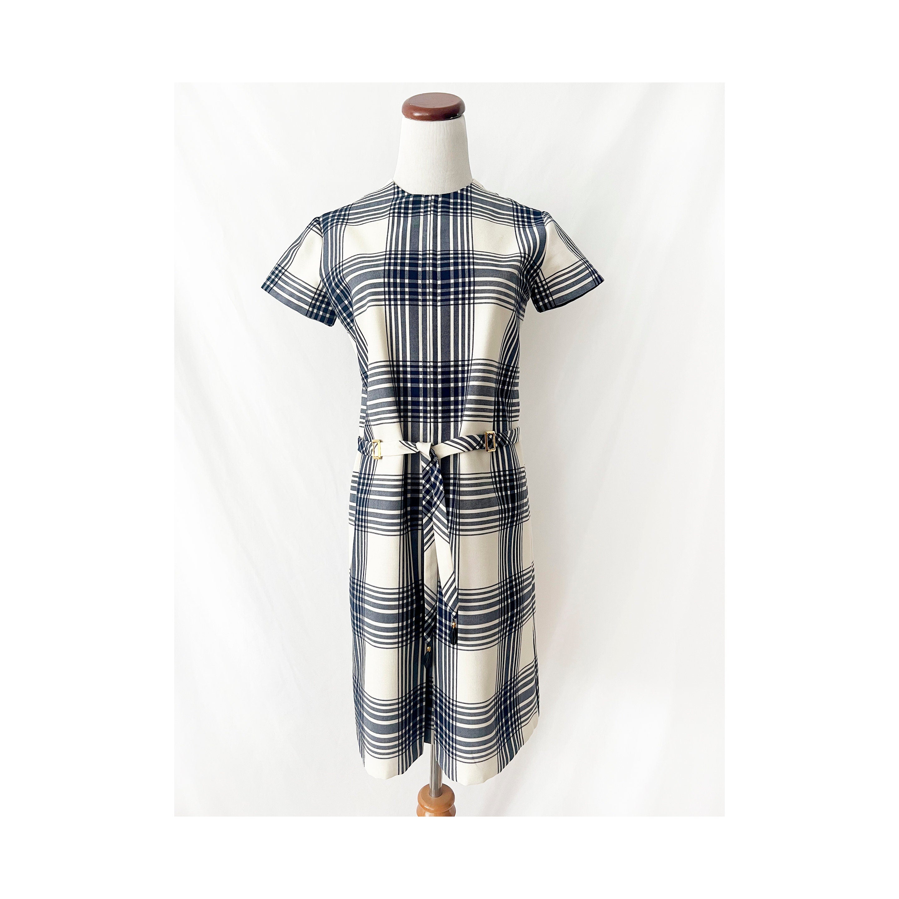 vintage 1960s plaid dress blue and white mod retro belted dress size 6