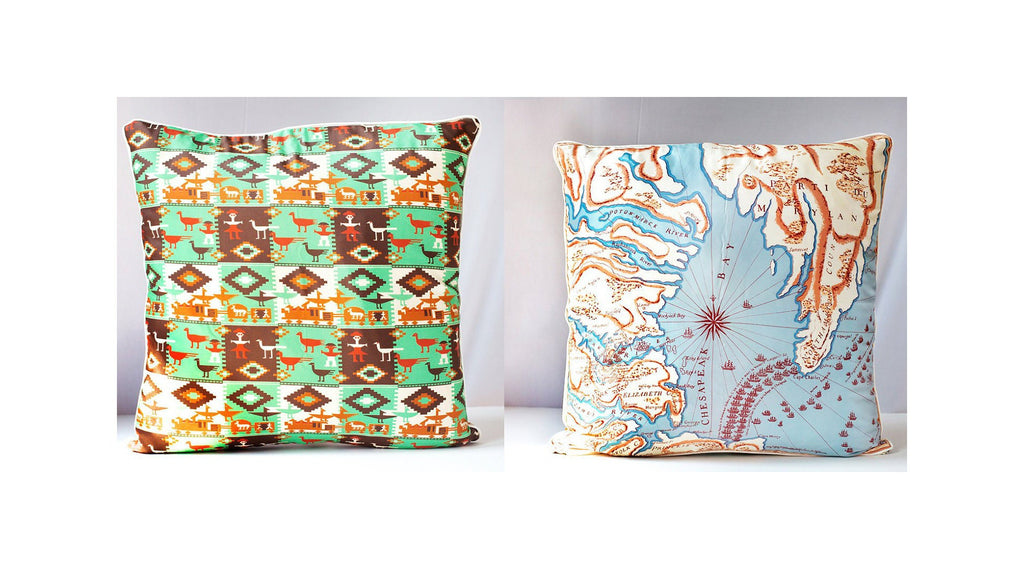 Vintage Scarf Pillow Cover: Maryland Map & Native American Design