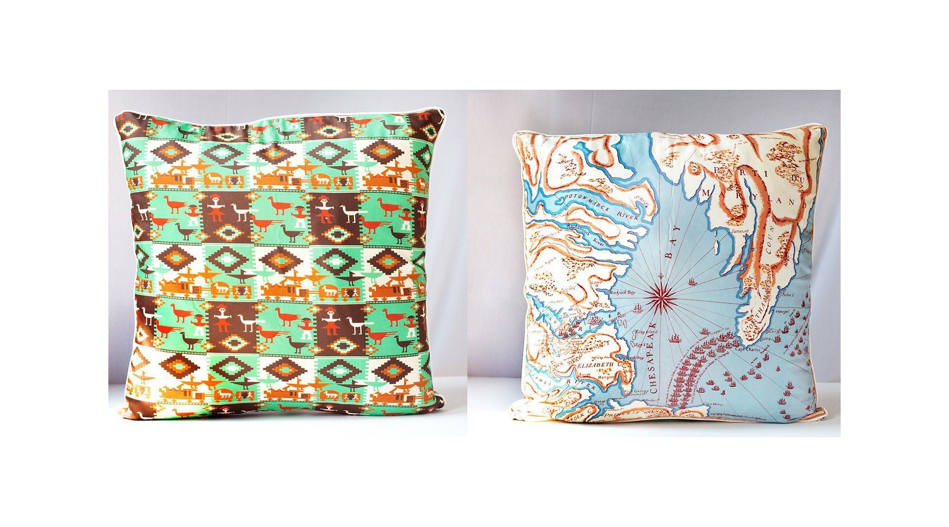 Vintage Scarf Pillow Cover: Maryland Map & Native American Design