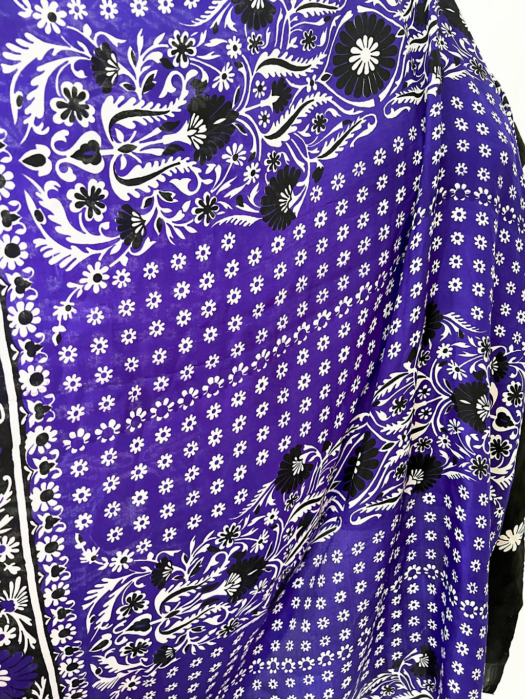 6 yards vintage silk fabric yardage made in india / indigo blue black and white