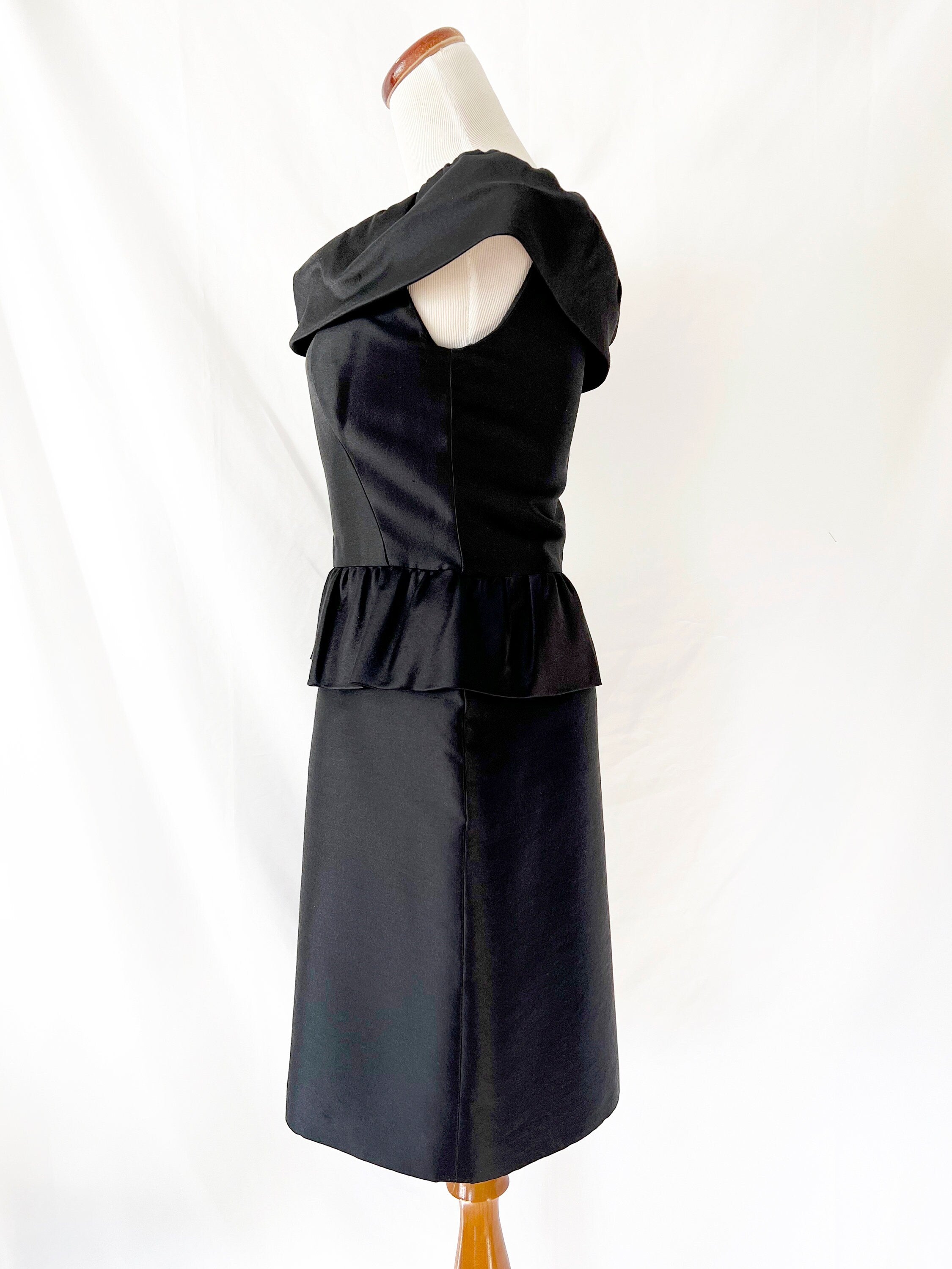 Vintage Black Silk Peplum Cocktail Dress - One Shoulder, Size Small