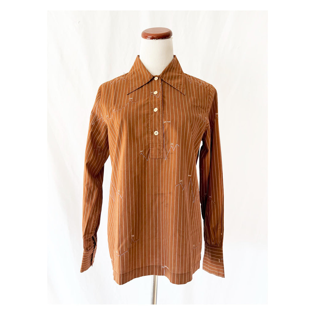 1970's Nik Nik Math Graph Half Button-down Shirt Brown Striped Blouse Small