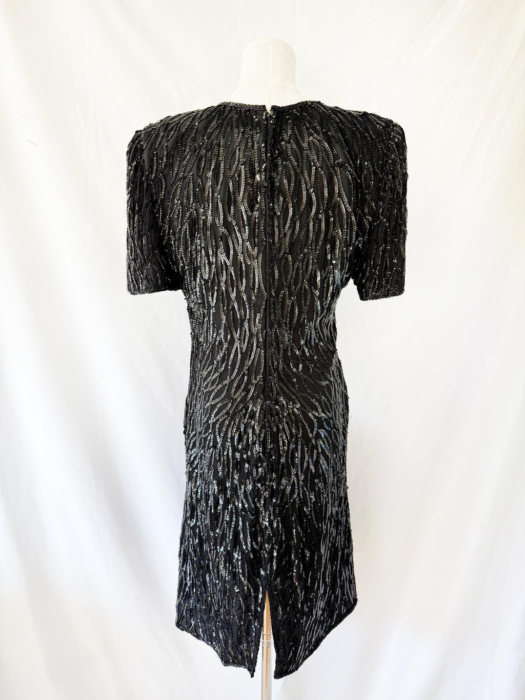80s Beaded Silk Cocktail Dress: Laurence Kazar Black Sequin Flapper, Size Medium