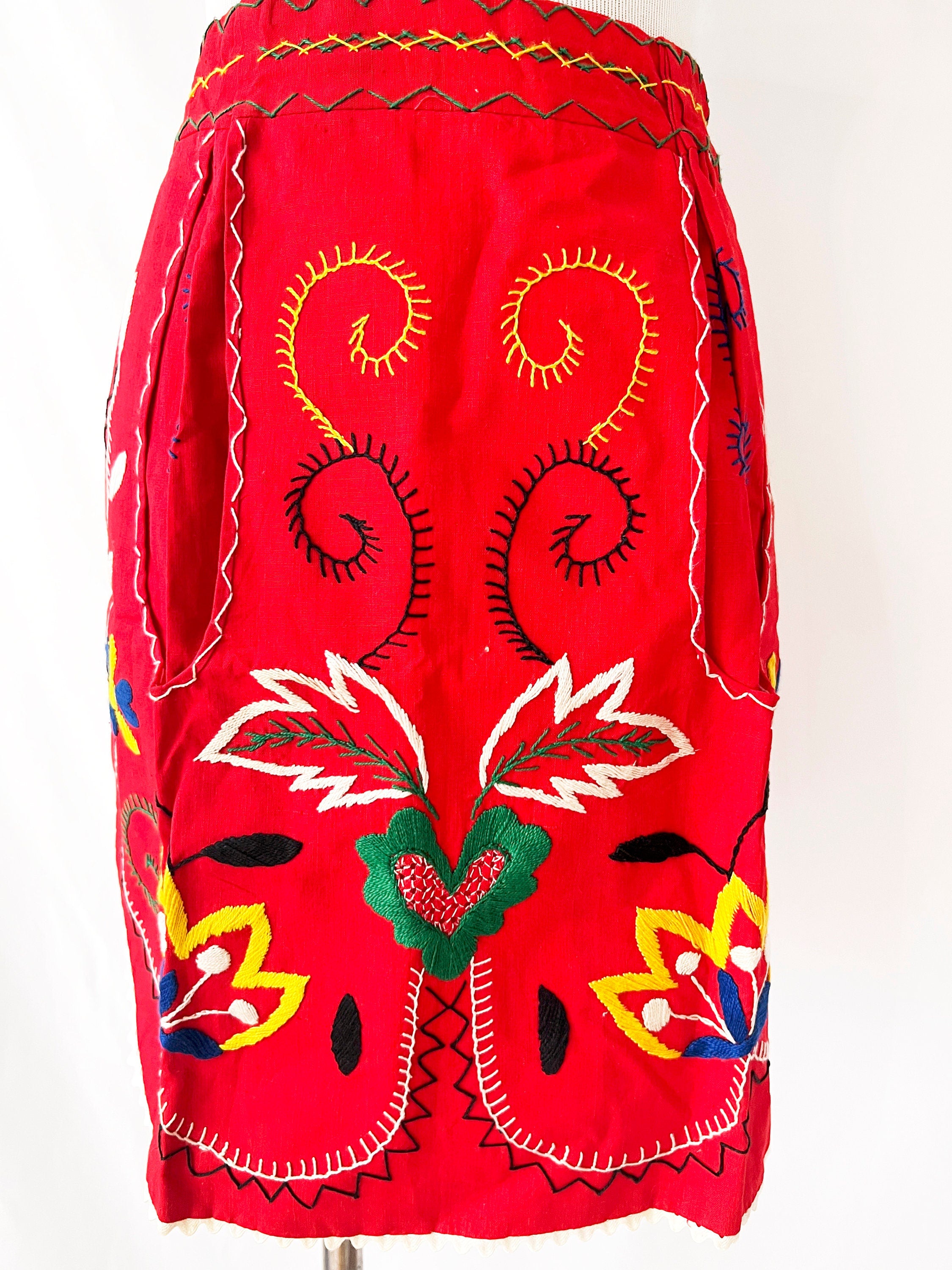 half apron red with colorful embroidery