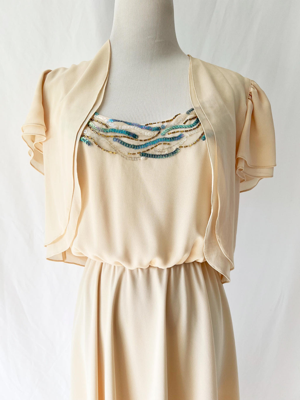 Vntg 1970s AJ Bari  for neiman marcus sequined party dress with shrug medium