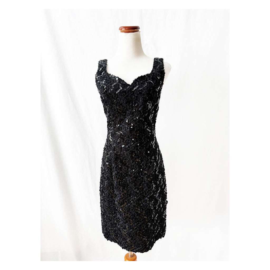 80s Vintage Sequin Cocktail Dress: Black Lace Sweetheart Goth Dress, Sz 8