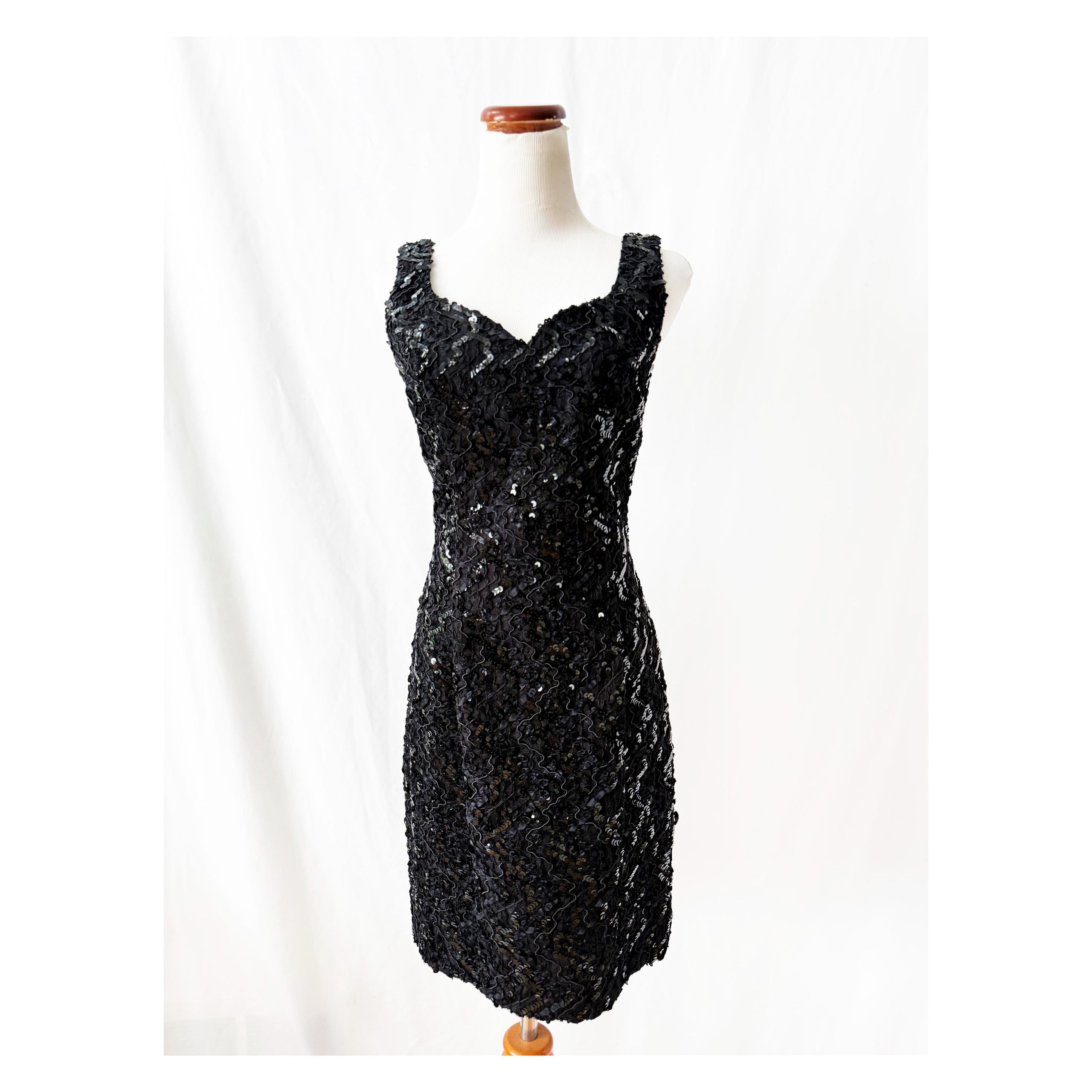80s Vintage Sequin Cocktail Dress: Black Lace Sweetheart Goth Dress, Sz 8