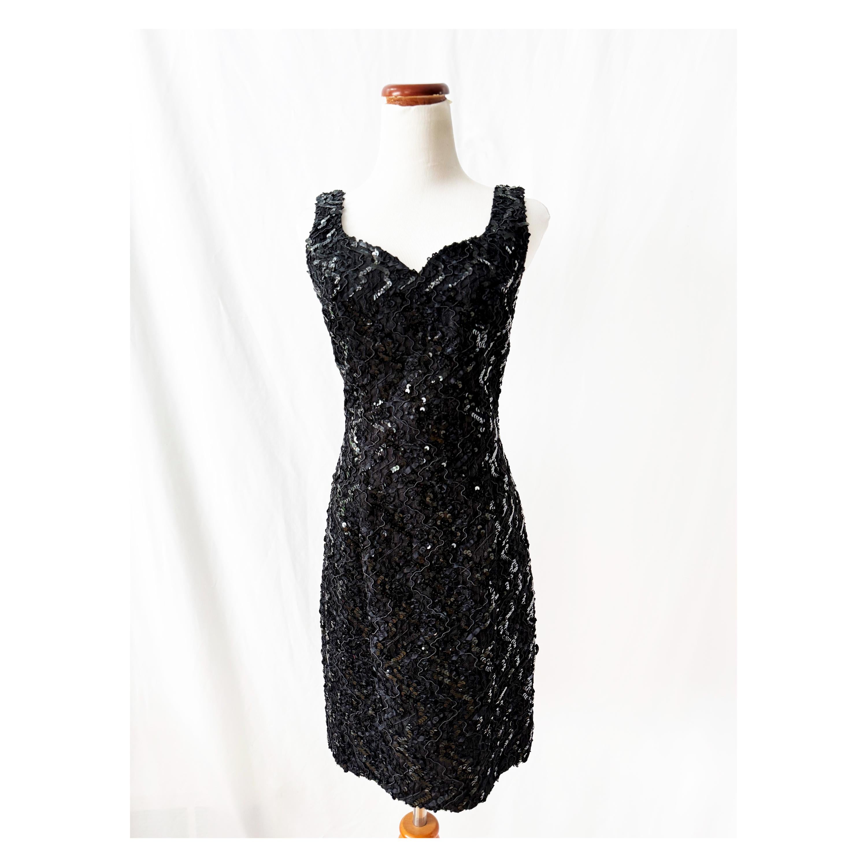 80s Vintage Sequin Cocktail Dress: Black Lace Sweetheart Goth Dress, Sz 8