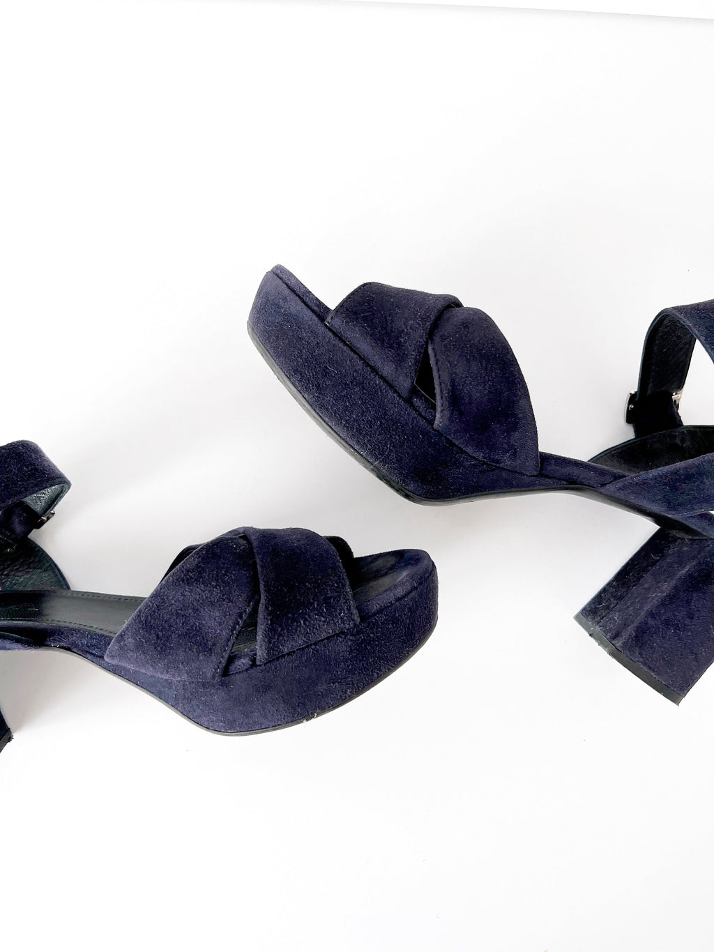 prada blue suede platform sandals 37.5  /  7.5