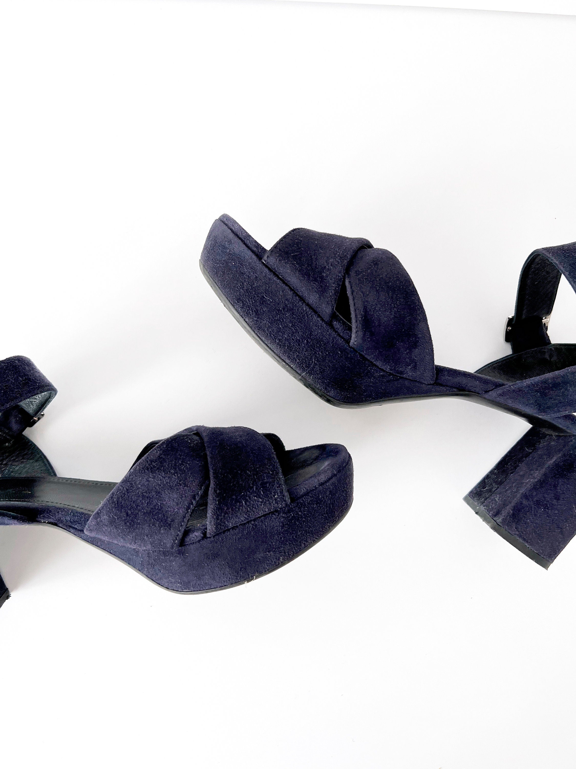 prada blue suede platform sandals 37.5  /  7.5