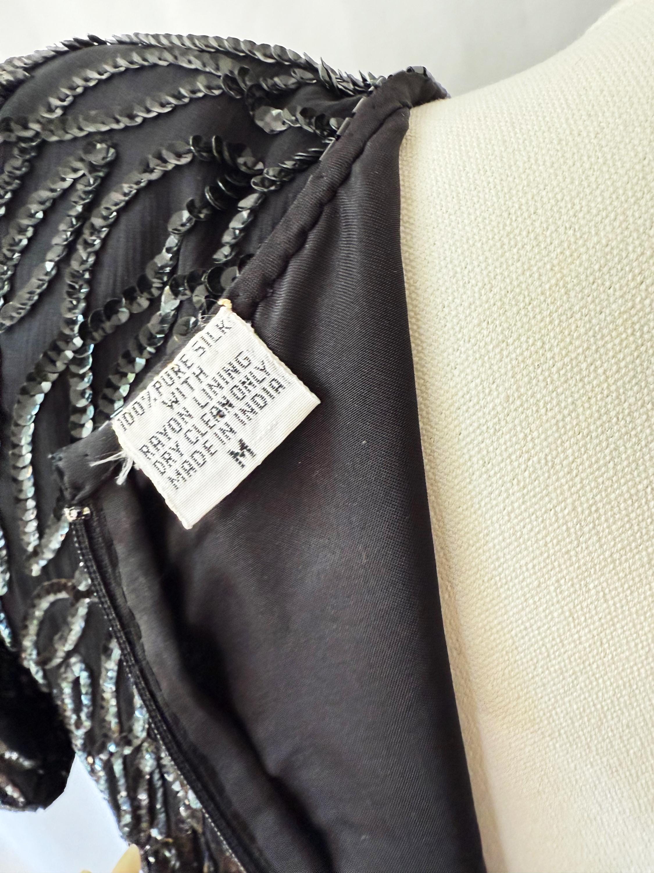 80s Beaded Silk Cocktail Dress: Laurence Kazar Black Sequin Flapper, Size Medium