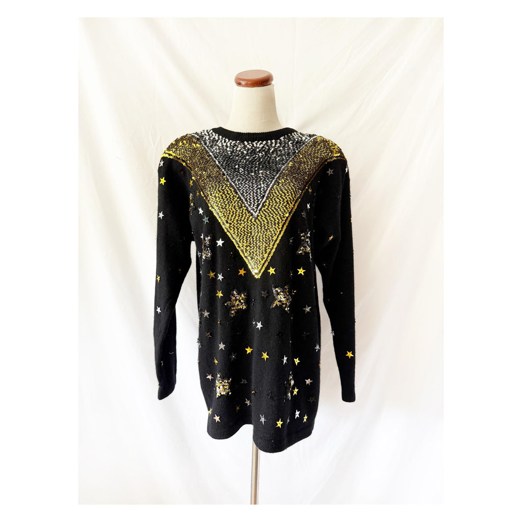 Vintage Angora Wool Sequin Sweater Dress: Gold Celestial Stars, sz M