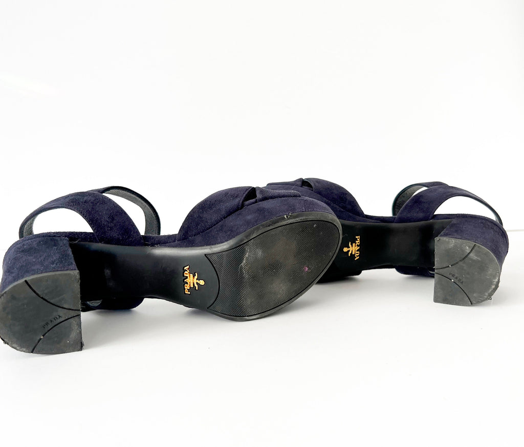 prada blue suede platform sandals 37.5  /  7.5
