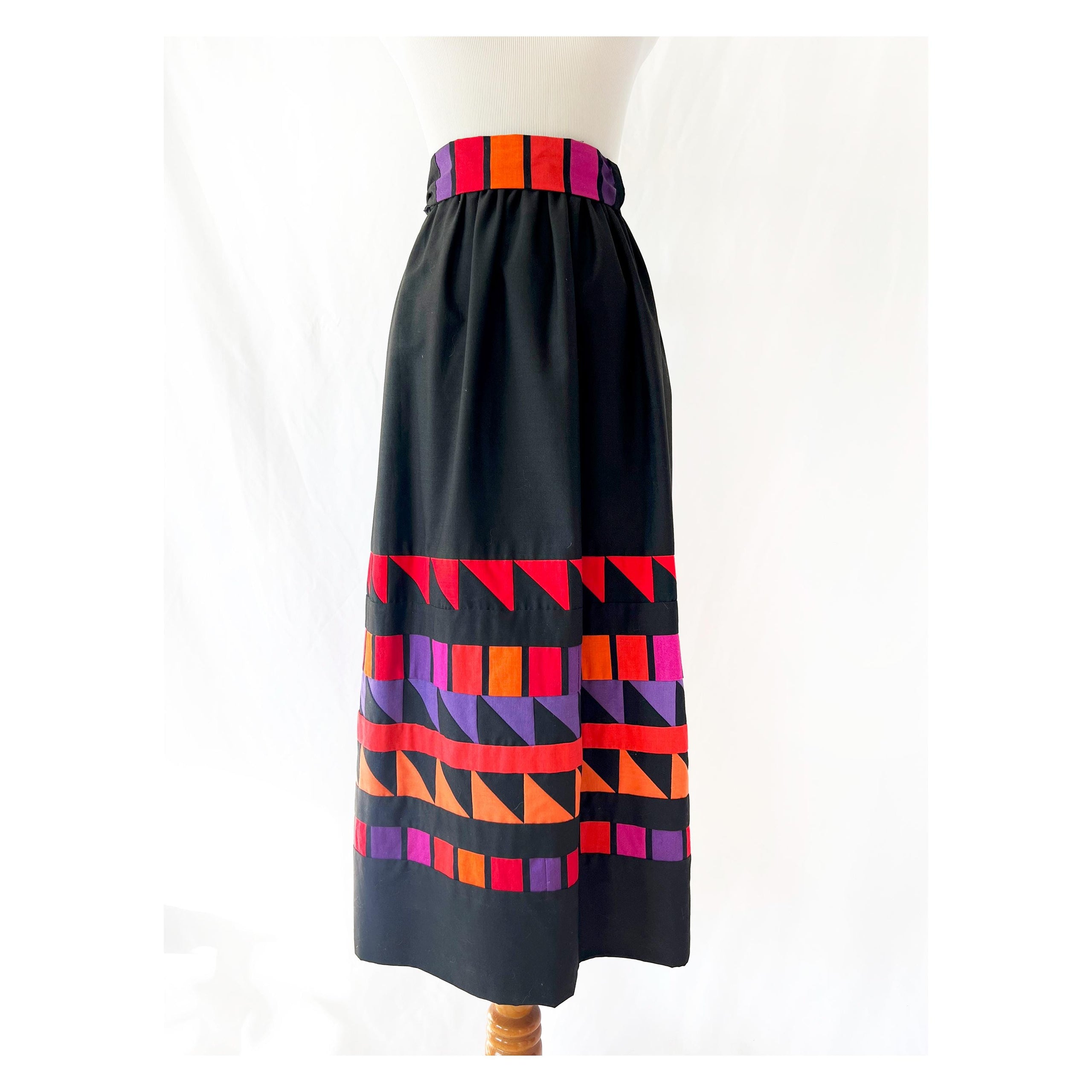 quilted patchwork skirt black with colorful geometric shapes small / medium