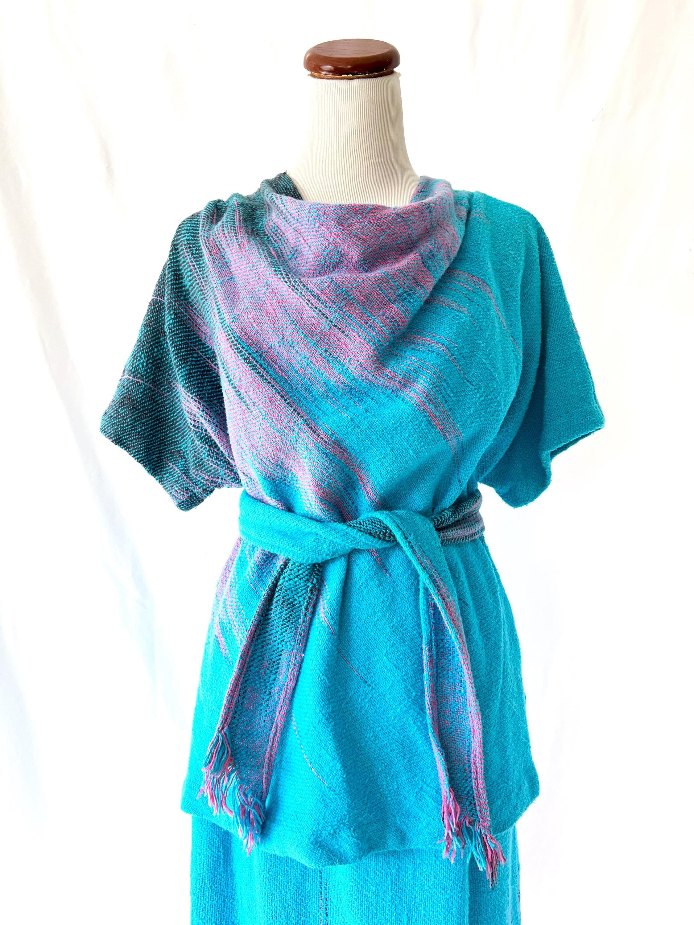 vintage 1980s handwoven skirt set / turquoise and pink / dreamweaver / medium