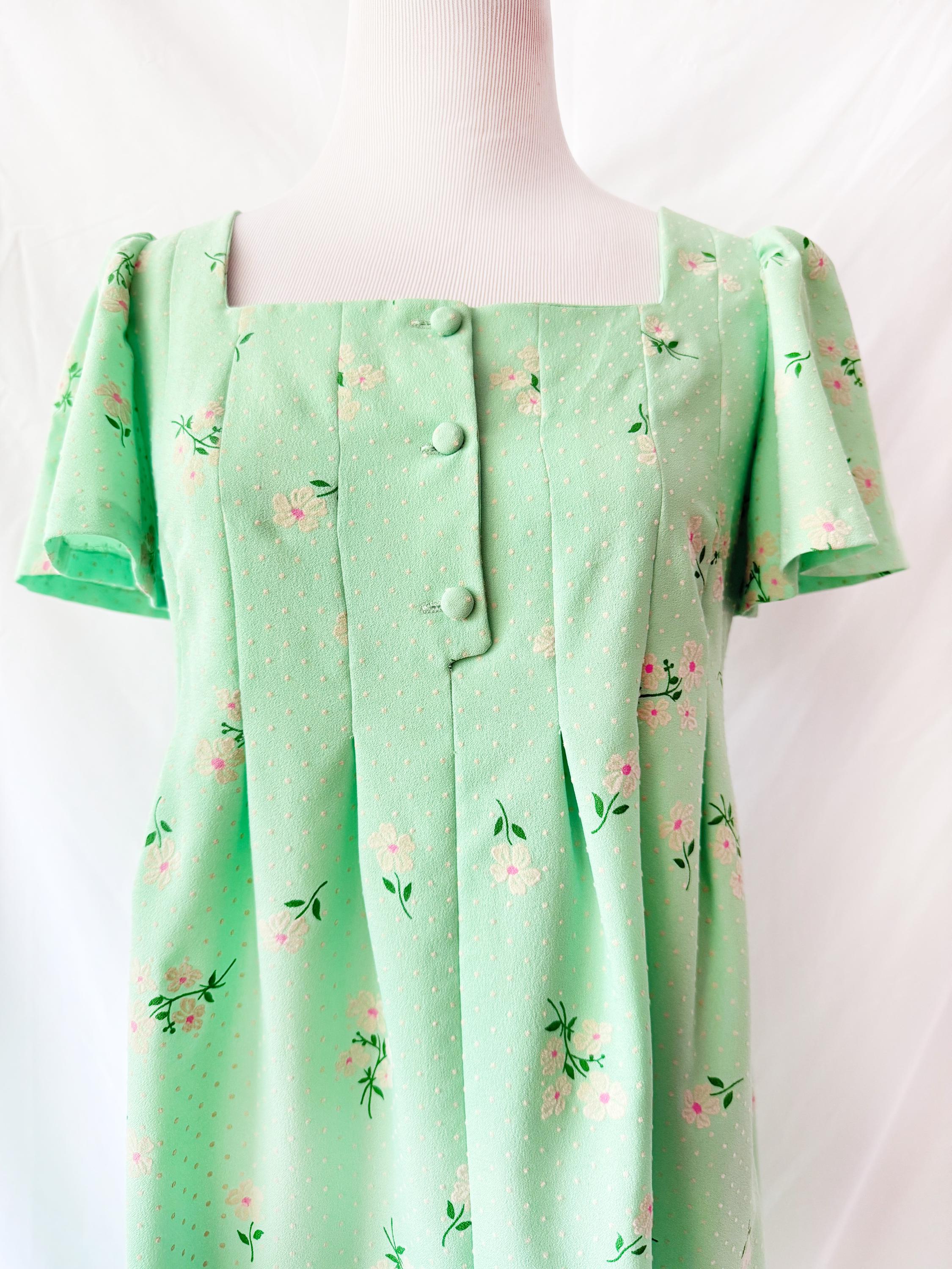 Vntg 70s Sea Foam Green Daisy Print Dress Medium