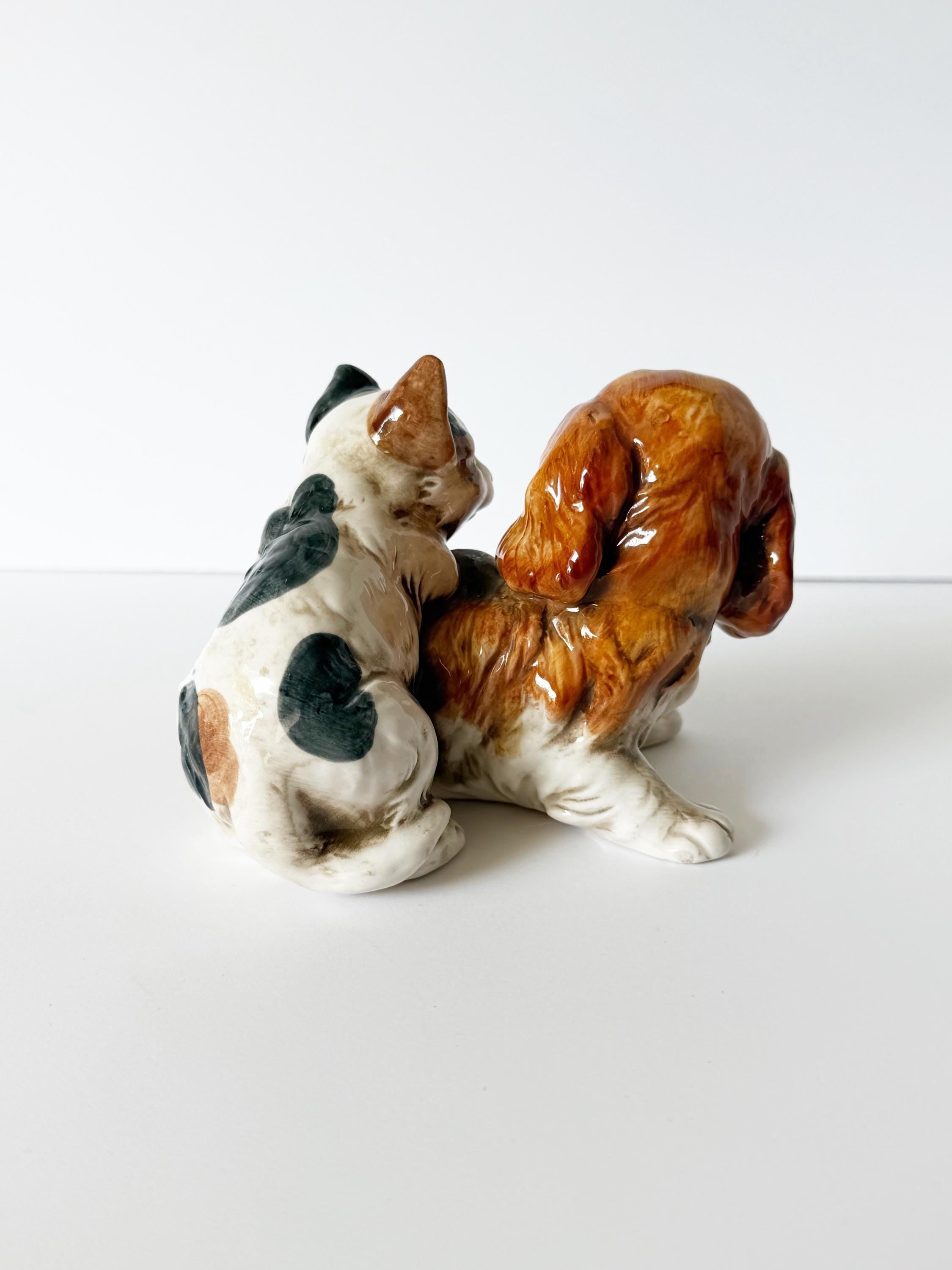 Vintage Enesco Porcelain Spaniel Puppy Dog with Playful Kitten Cat Collectible Figurine