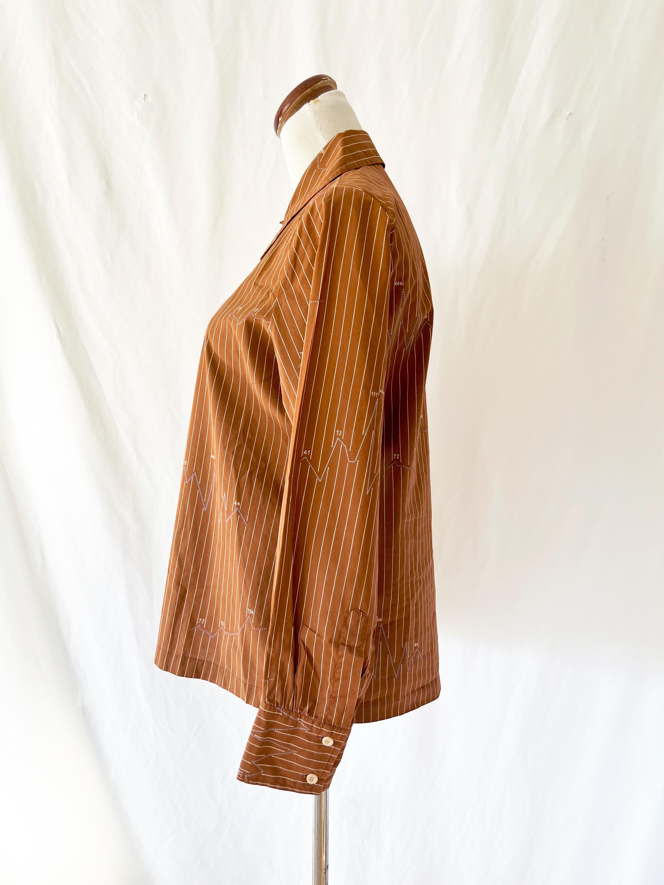 1970's Nik Nik Math Graph Half Button-down Shirt Brown Striped Blouse Small