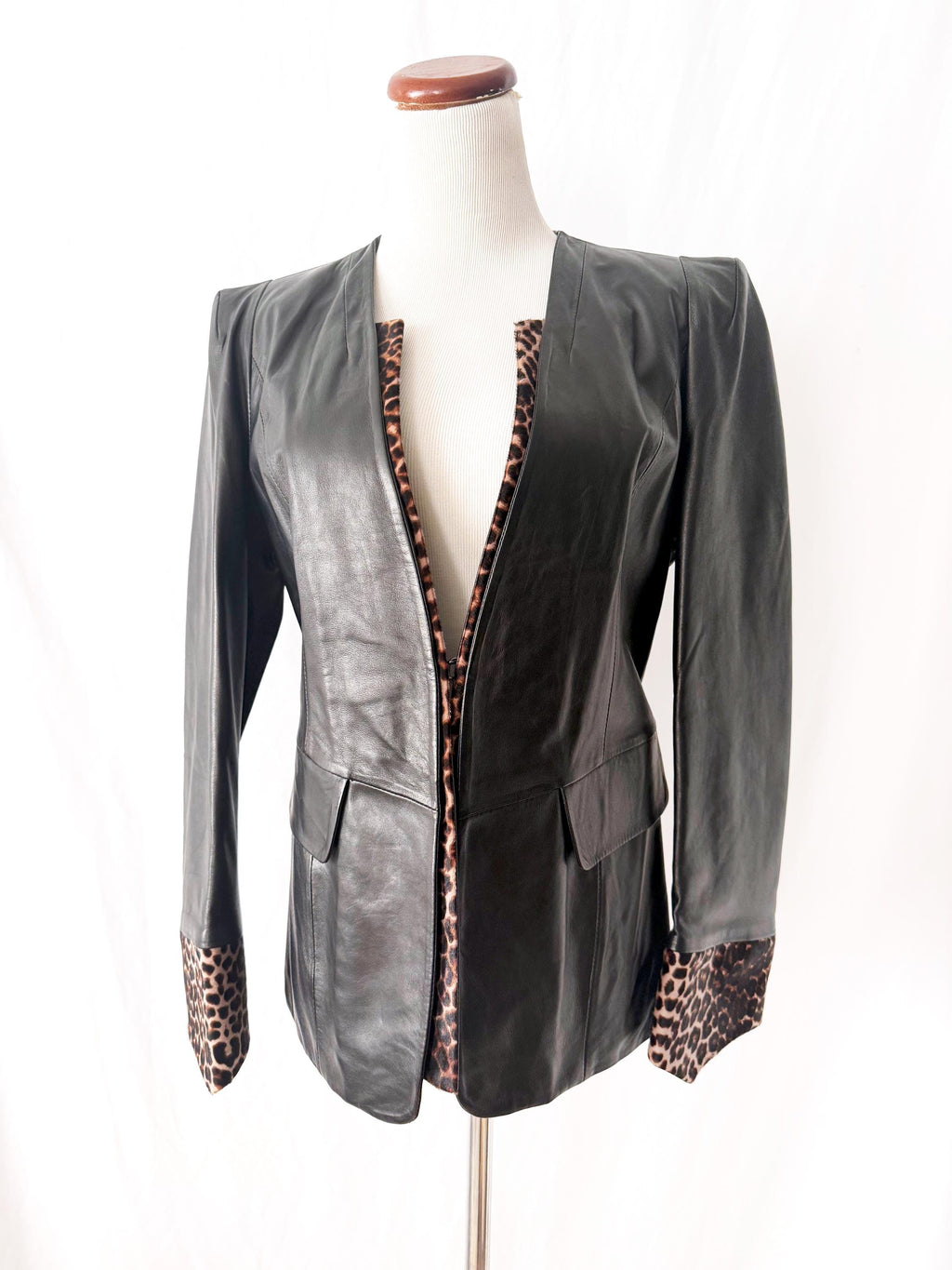 vintage black leather blazer jacket with snake skin trim