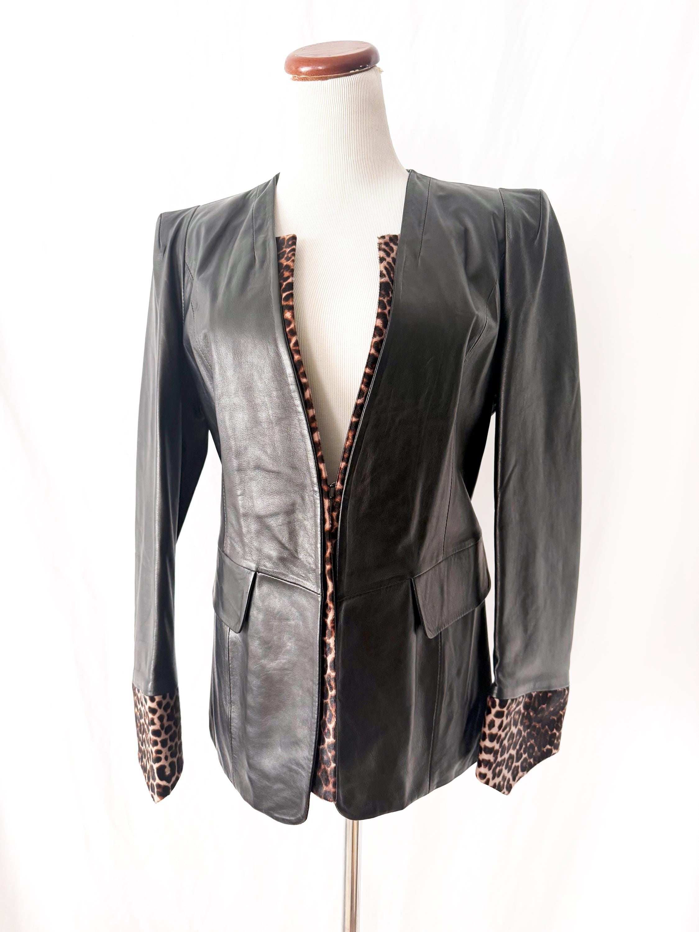 vintage black leather blazer jacket with snake skin trim