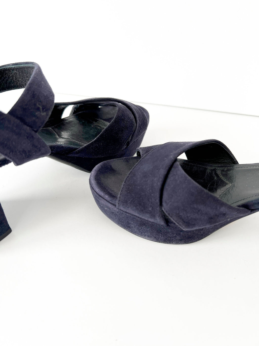 prada blue suede platform sandals 37.5  /  7.5