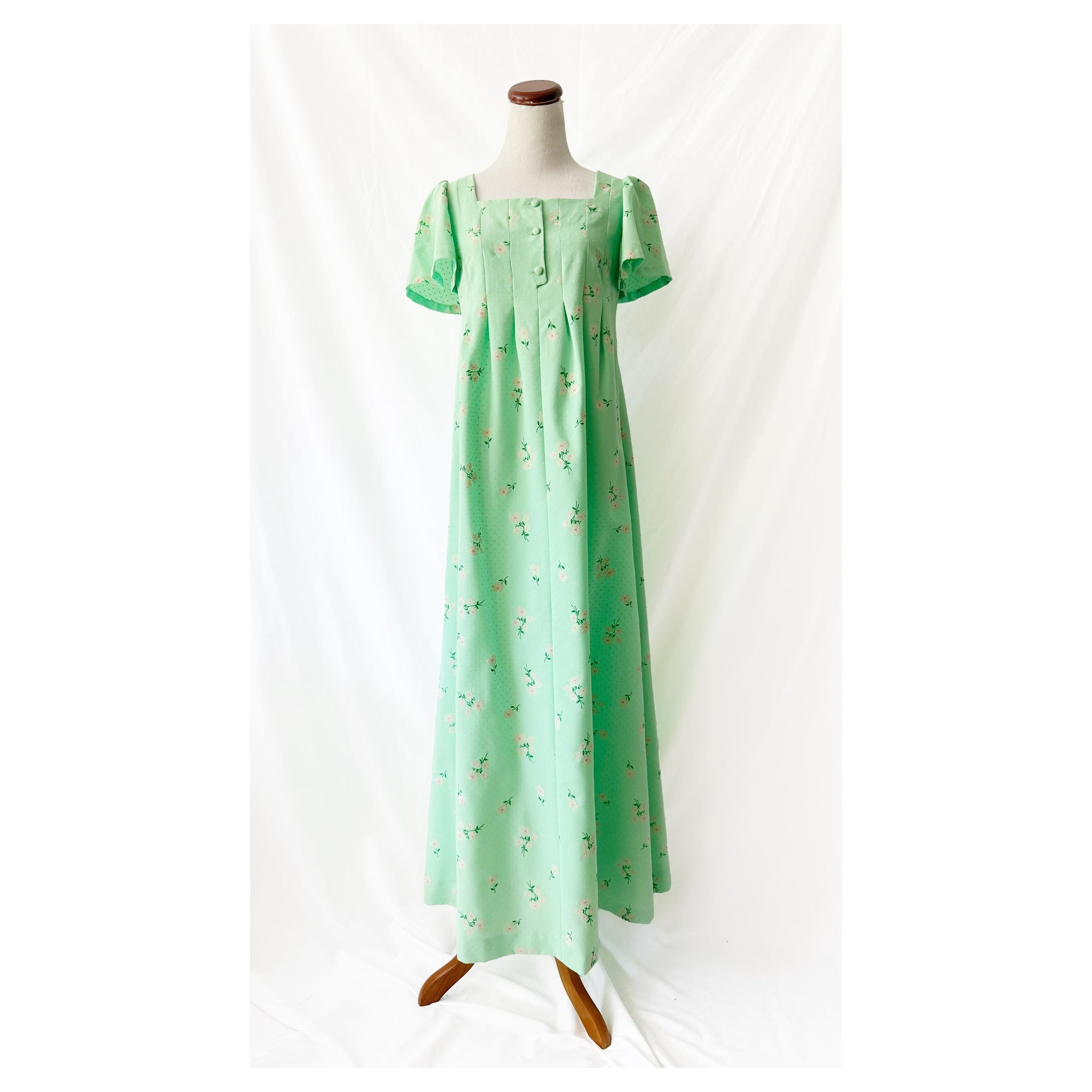 Vntg 70s Sea Foam Green Daisy Print Dress Medium