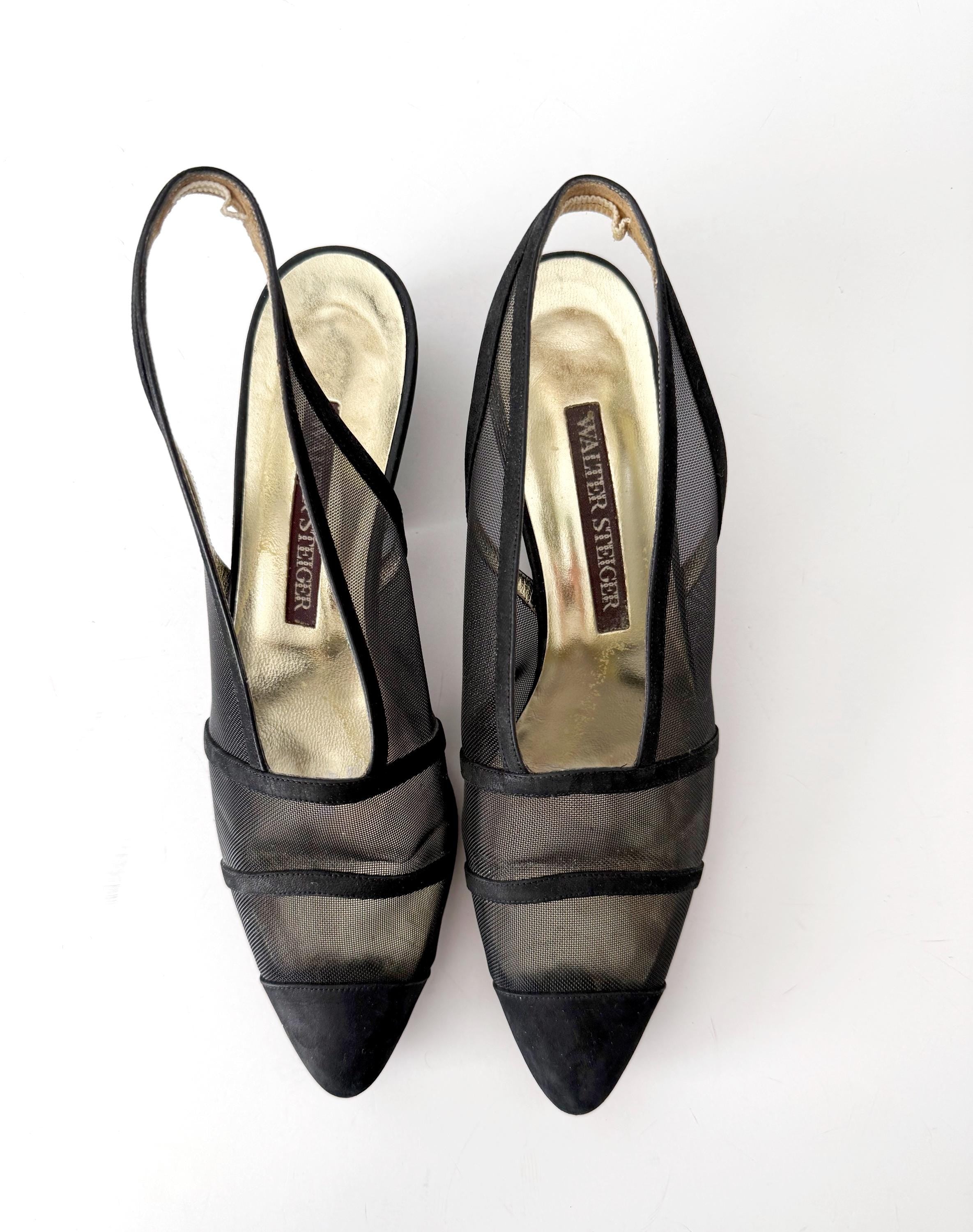size 8 aa 1990s vintage black kitten heel sling backs sheer