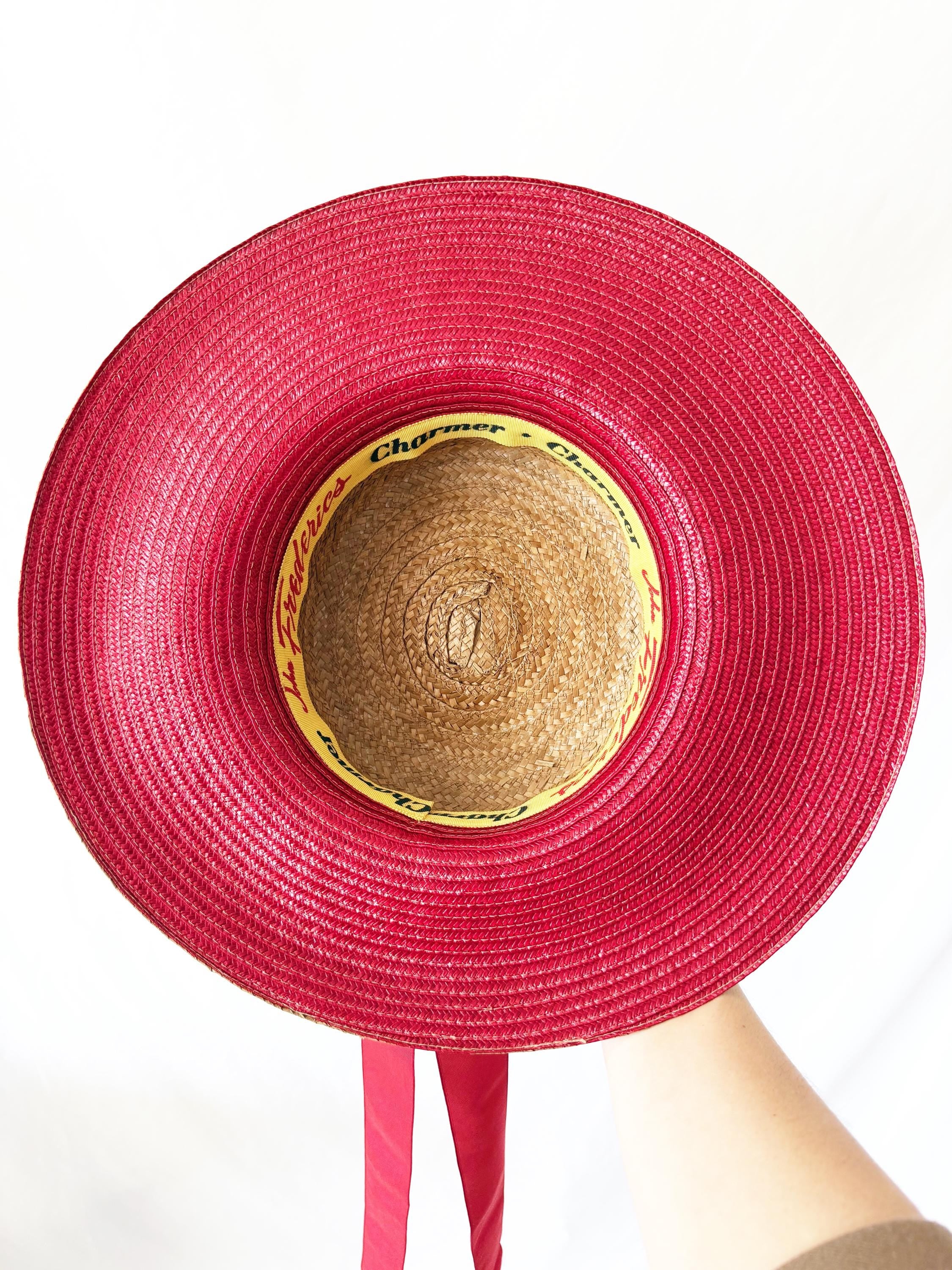 Vintage John Frederics Straw Boater Hat: Wide Brim, Red Velvet Ribbon