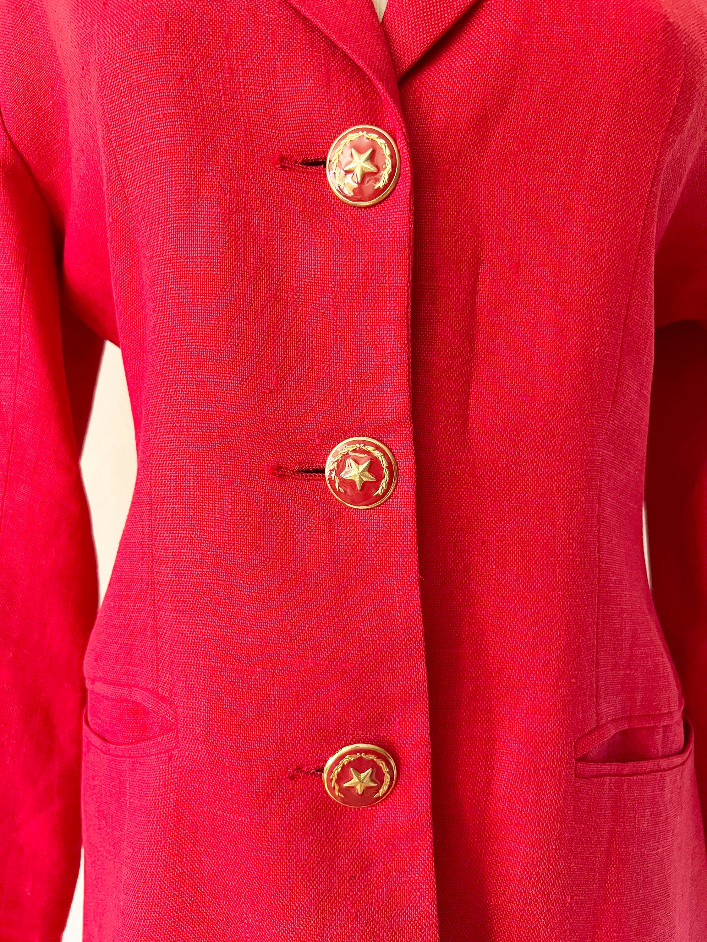 vintage red linen blazer gold star details 1990s blazer size 6