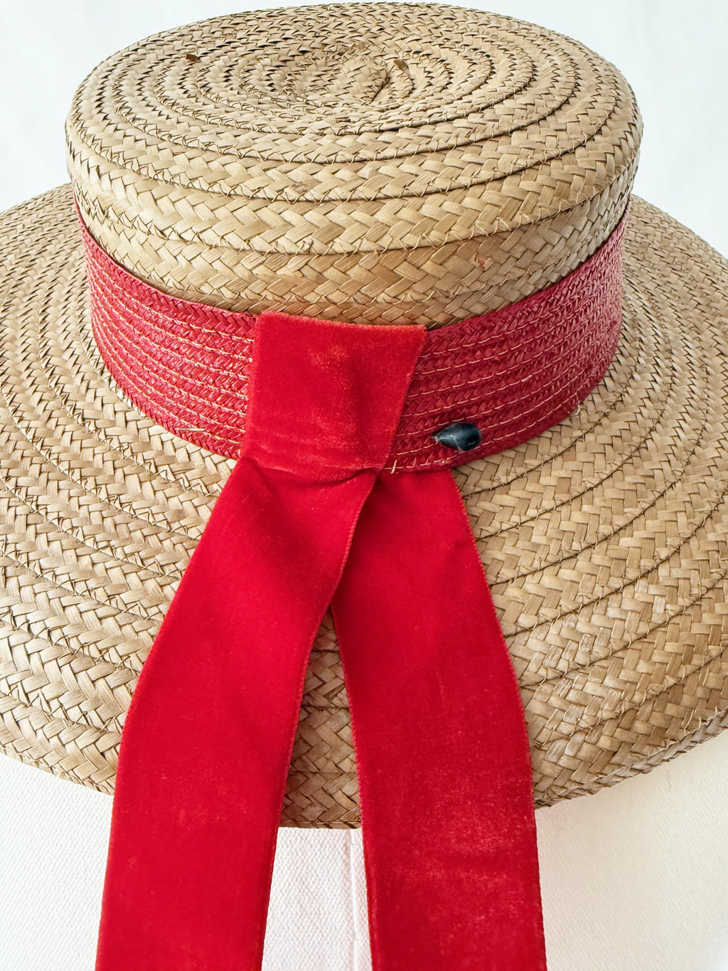 Vintage John Frederics Straw Boater Hat: Wide Brim, Red Velvet Ribbon