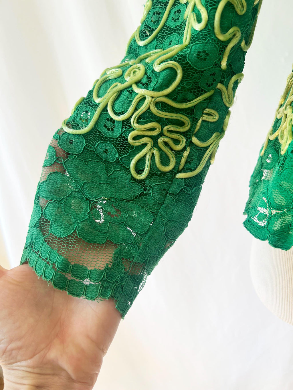 1970s Italian couture green and yellow lace jacket with rhinestone buttons small