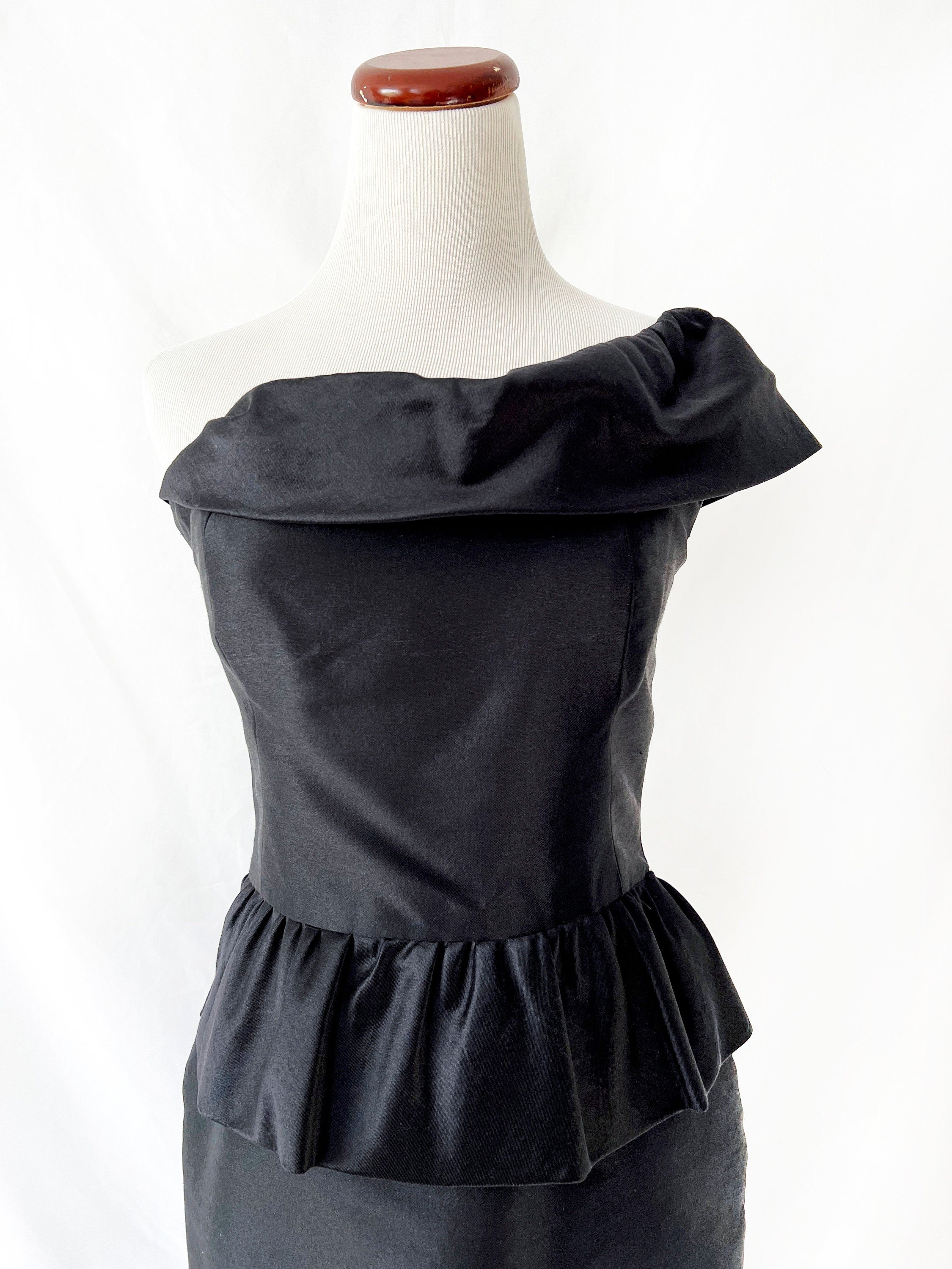 Vintage Black Silk Peplum Cocktail Dress - One Shoulder, Size Small