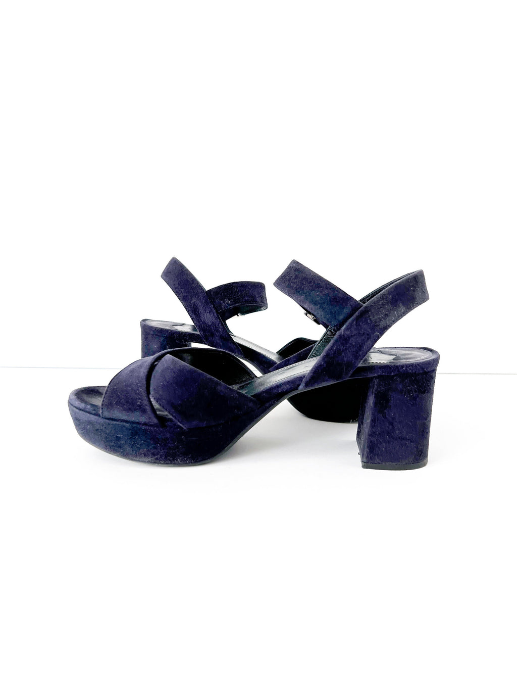 prada blue suede platform sandals 37.5  /  7.5