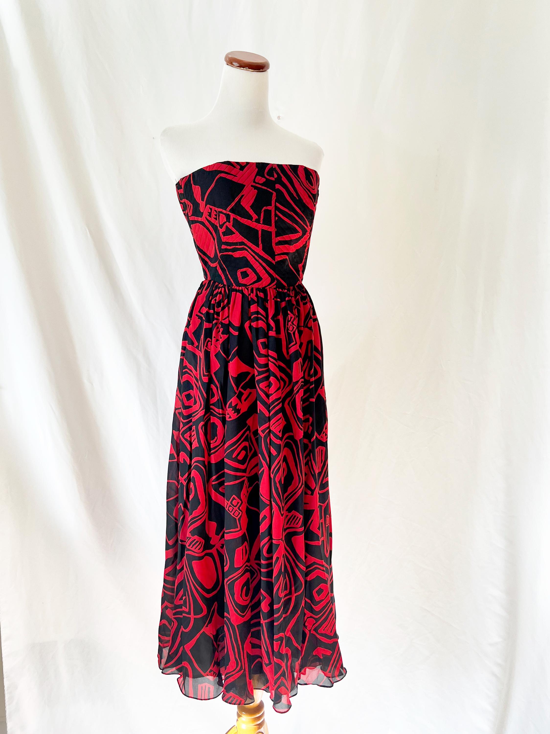 Vintage Albert Nipon Silk Strapless Dress: Red Black Abstract Print, Size 2-4