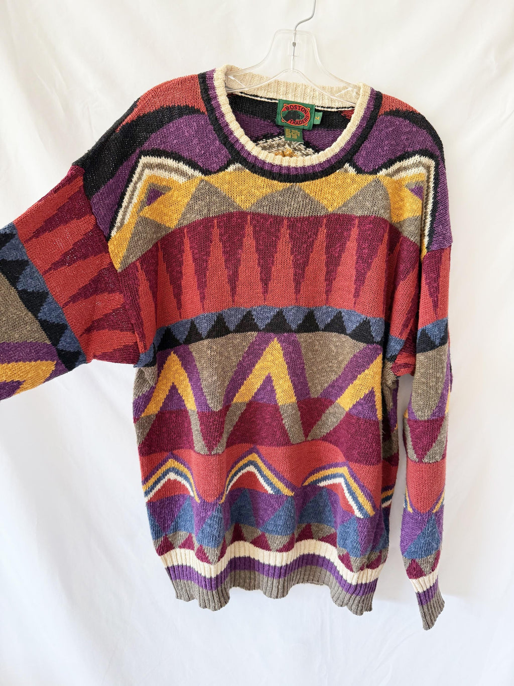 Vintage 90s Knit Sweater: Boston Trader Cotton Ramie Geometric Jumper