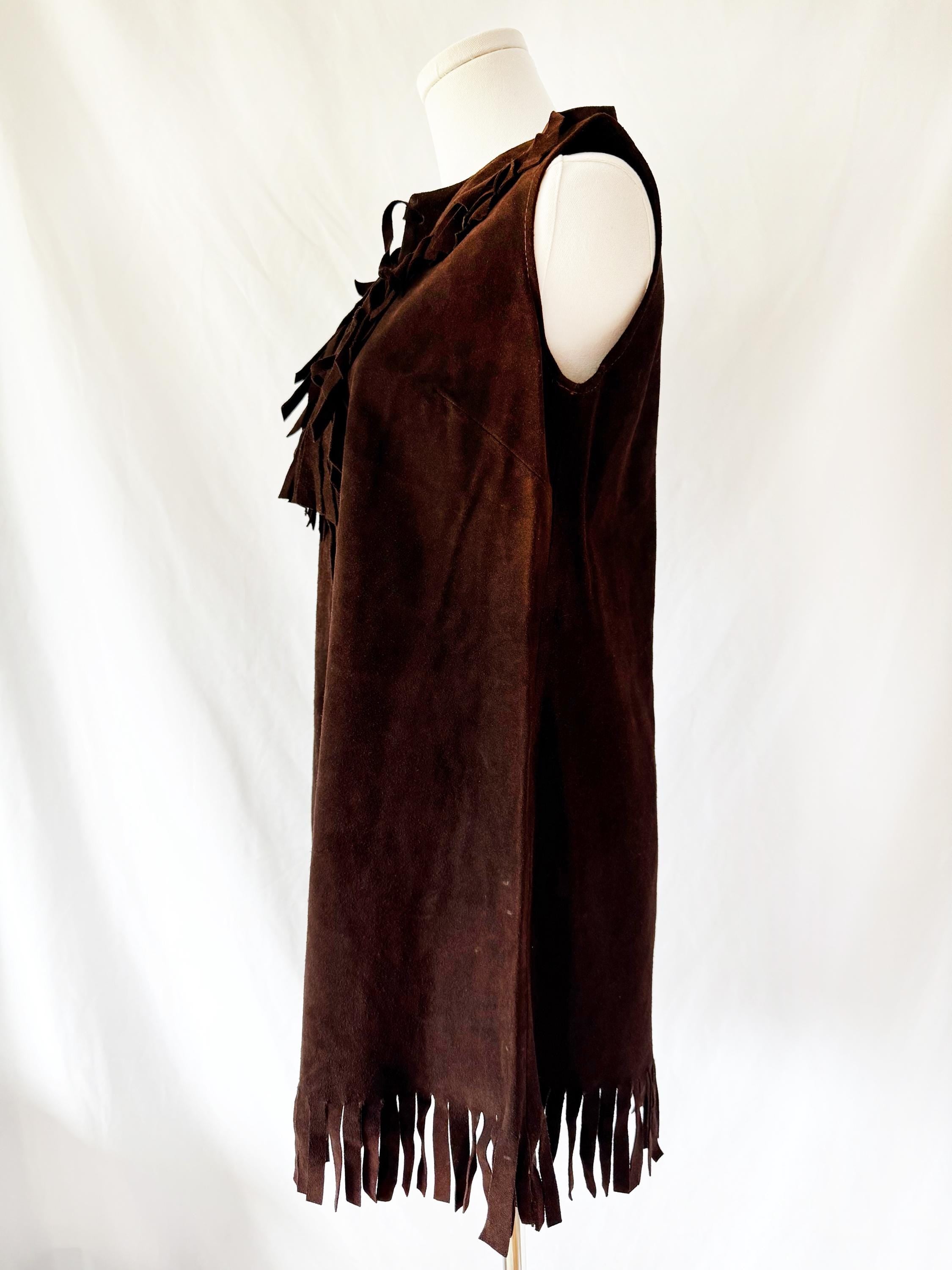 Vintage 60s  Leather Fringe Mini Dress El Greco Small