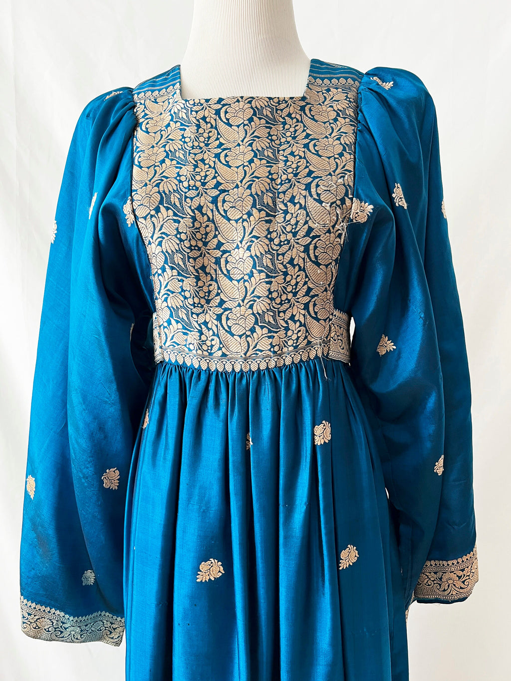 Vintage 70s Silk Gown: Turquoise Blue Embroidered Bell Sleeve Dress